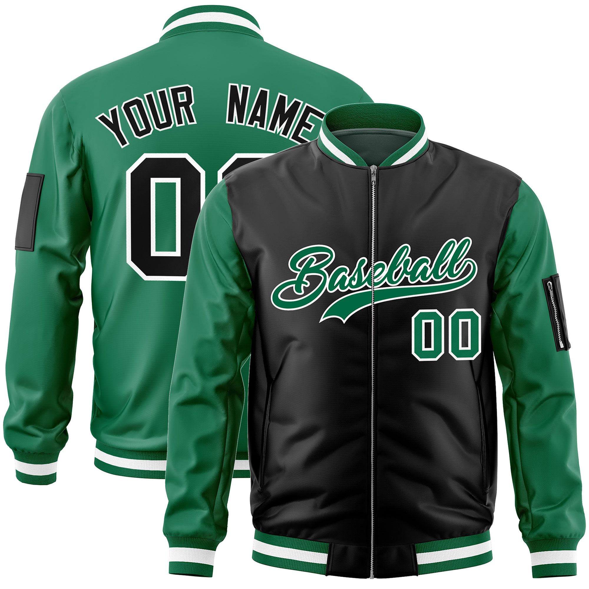 Custom Black Kelly Green Varsity Full-Zip Two-Tone Letterman Bomber Jacket