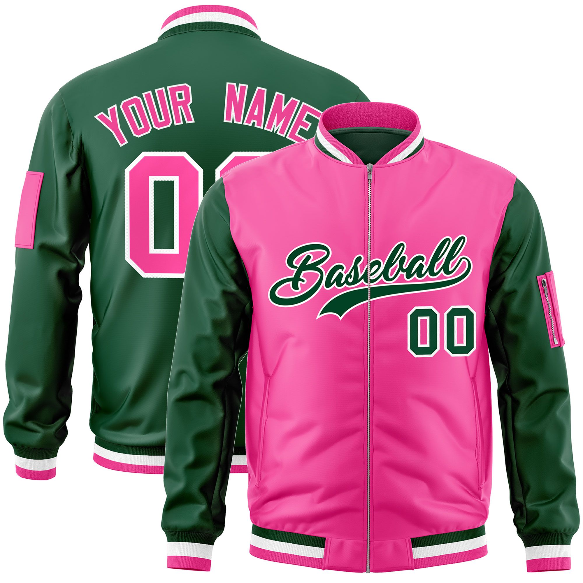 Custom Pink Green Varsity Full-Zip Two-Tone Letterman Bomber Jacket