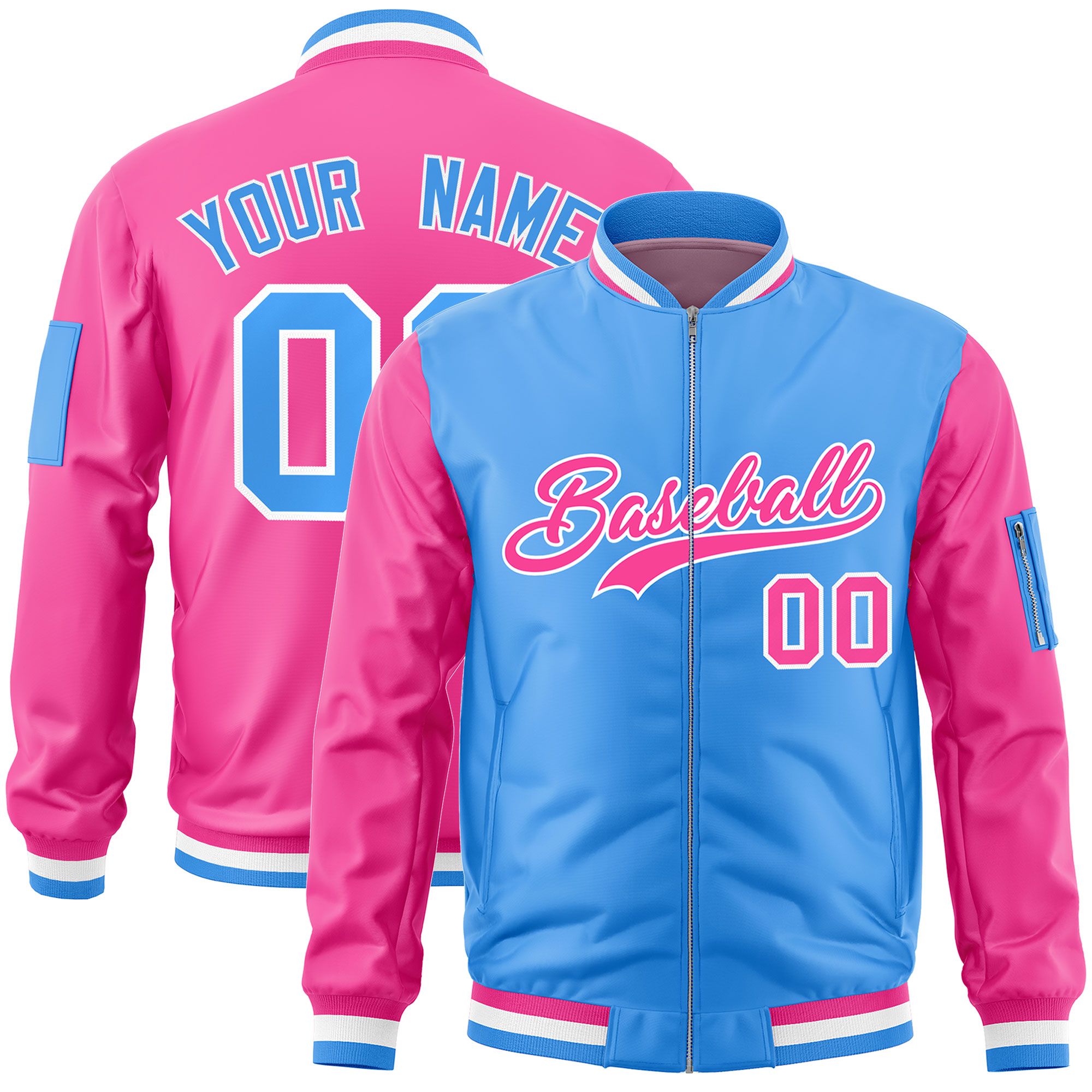 Custom Powder Blue Pink Varsity Full-Zip Two-Tone Letterman Bomber Jacket