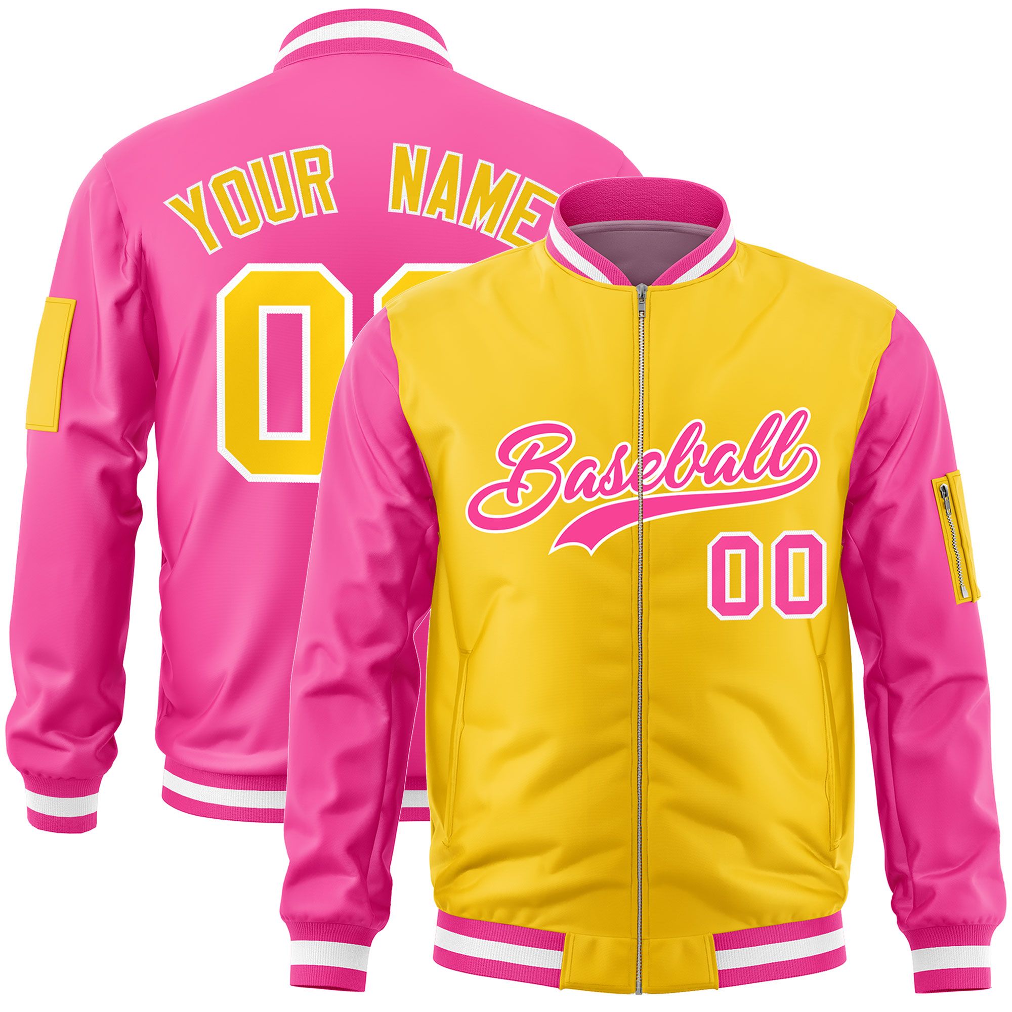 Custom Gold Pink Varsity Full-Zip Two-Tone Letterman Bomber Jacket