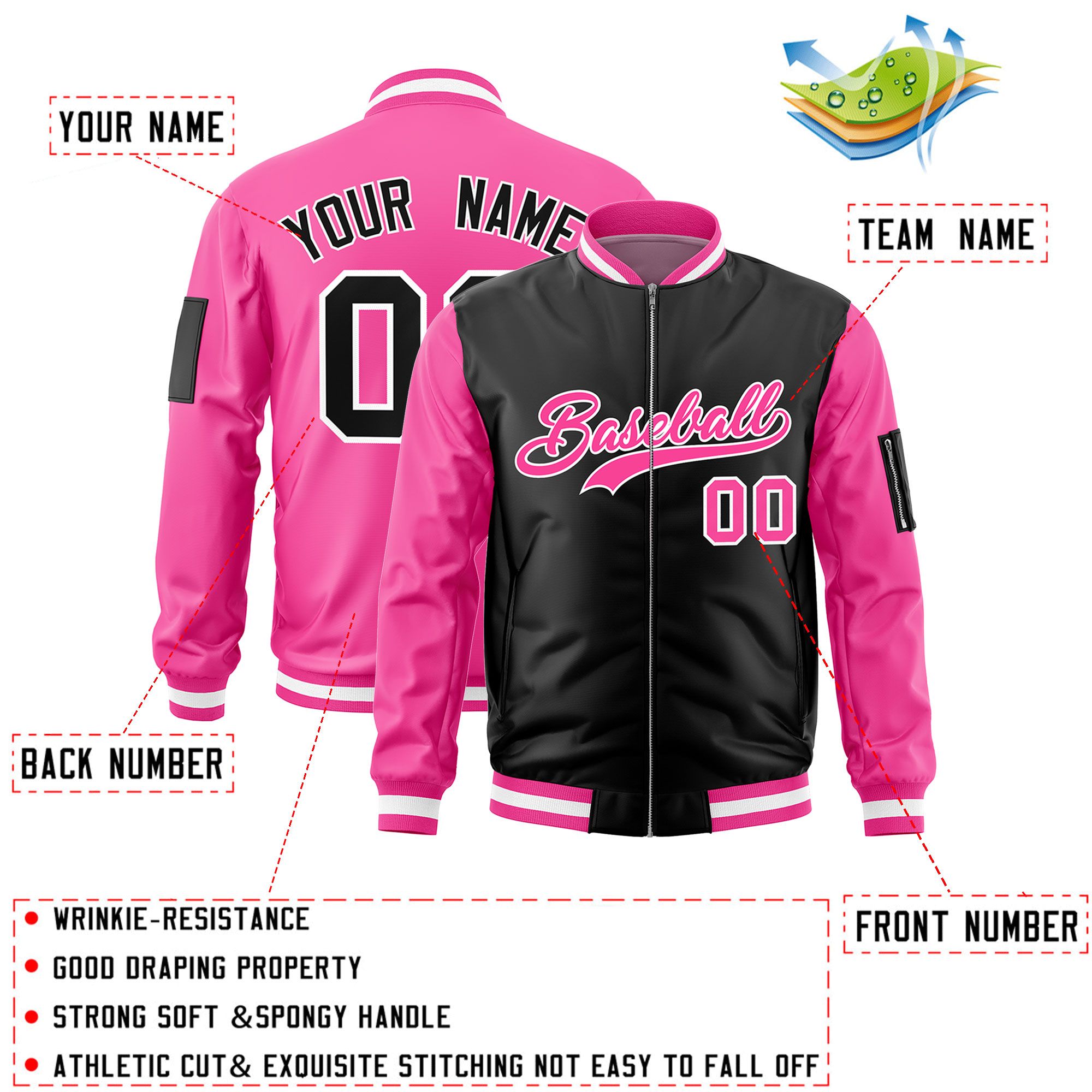 Custom Black Pink Varsity Full-Zip Two-Tone Letterman Bomber Jacket