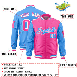 Custom Pink Powder Blue Varsity Full-Zip Two-Tone Letterman Bomber Jacket