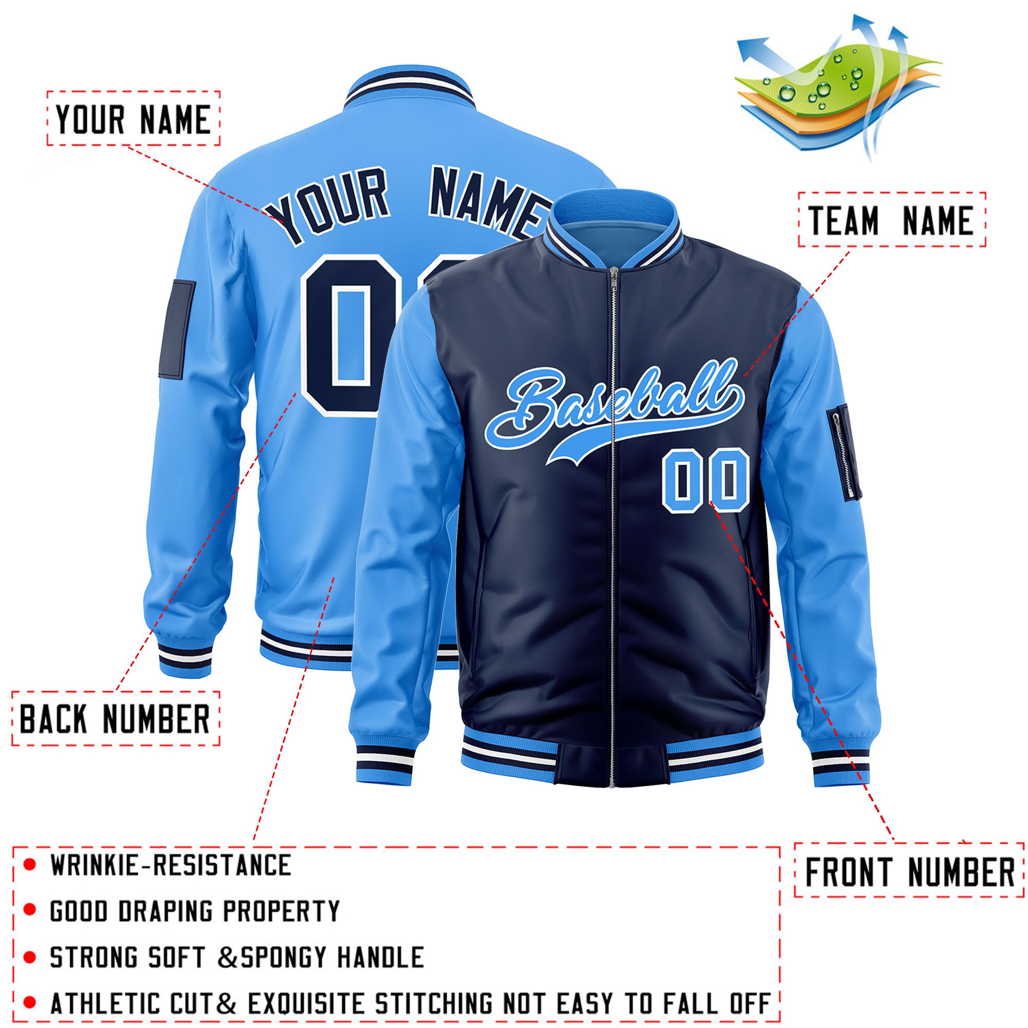 Custom Navy Powder Blue Varsity Full-Zip Two-Tone Letterman Bomber Jacket