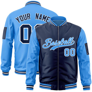 Custom Navy Powder Blue Varsity Full-Zip Two-Tone Letterman Bomber Jacket