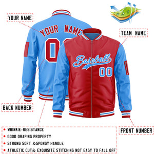 Custom Red Powder Blue Varsity Full-Zip Two-Tone Letterman Bomber Jacket