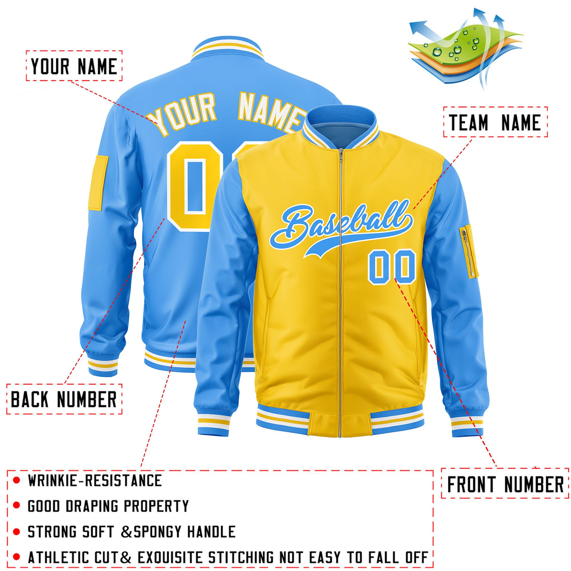 Custom Gold Powder Blue Varsity Full-Zip Two-Tone Letterman Bomber Jacket