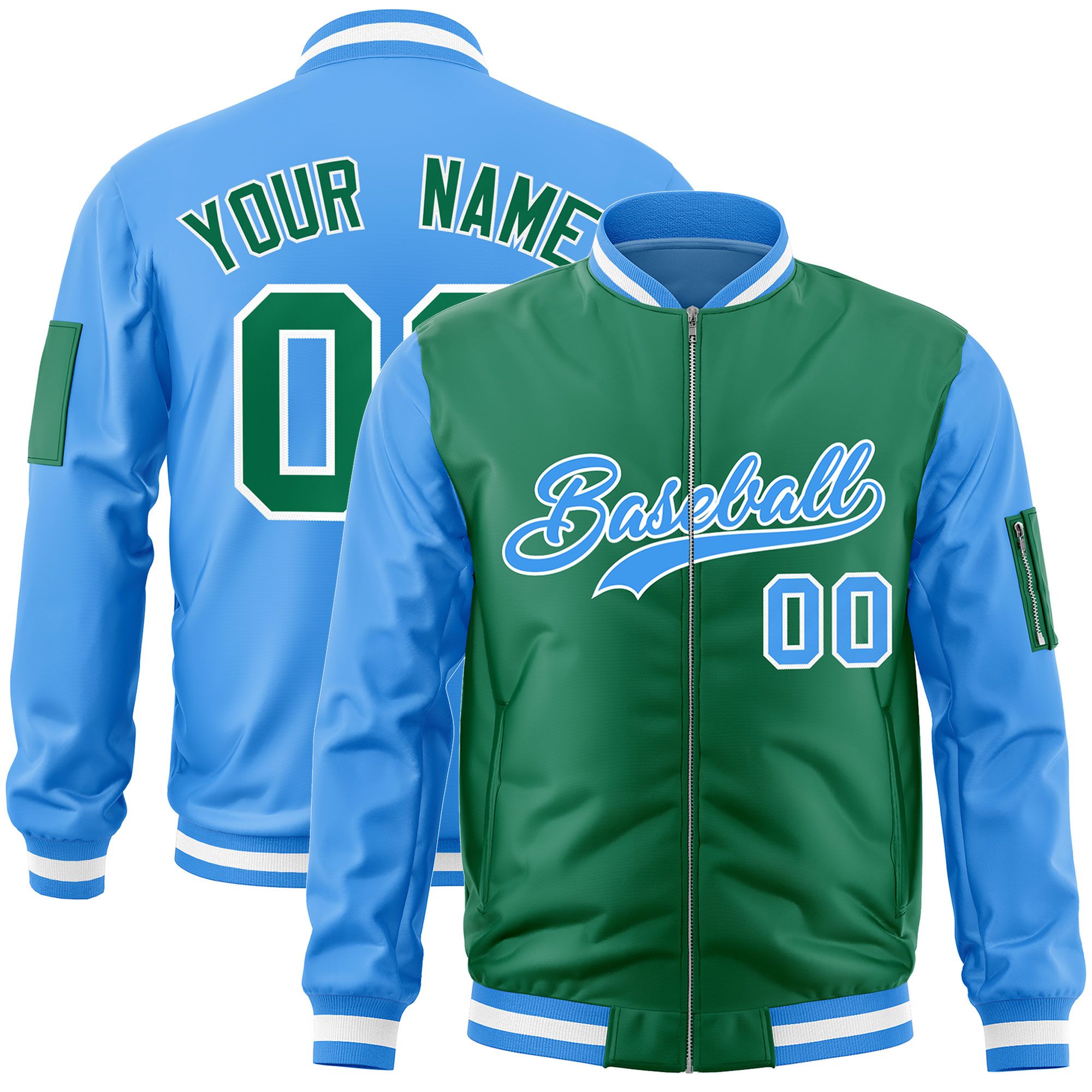 Custom Kelly Green Powder Blue Varsity Full-Zip Two-Tone Letterman Bomber Jacket