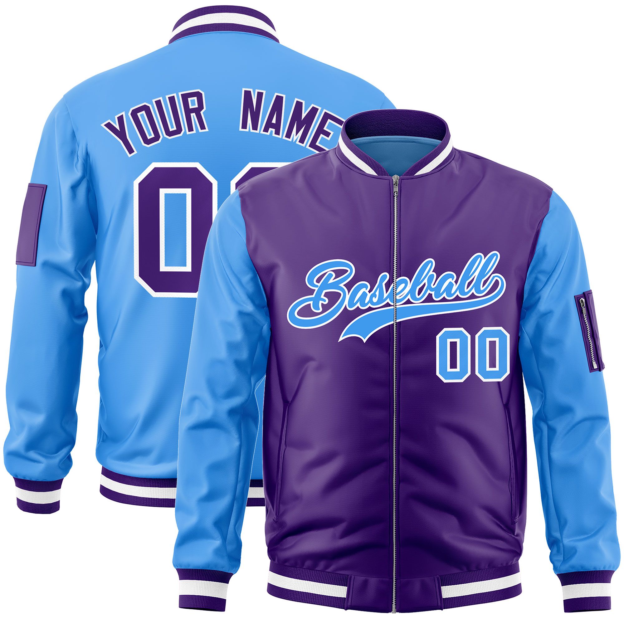 Custom Purple Powder Blue Varsity Full-Zip Two-Tone Letterman Bomber Jacket