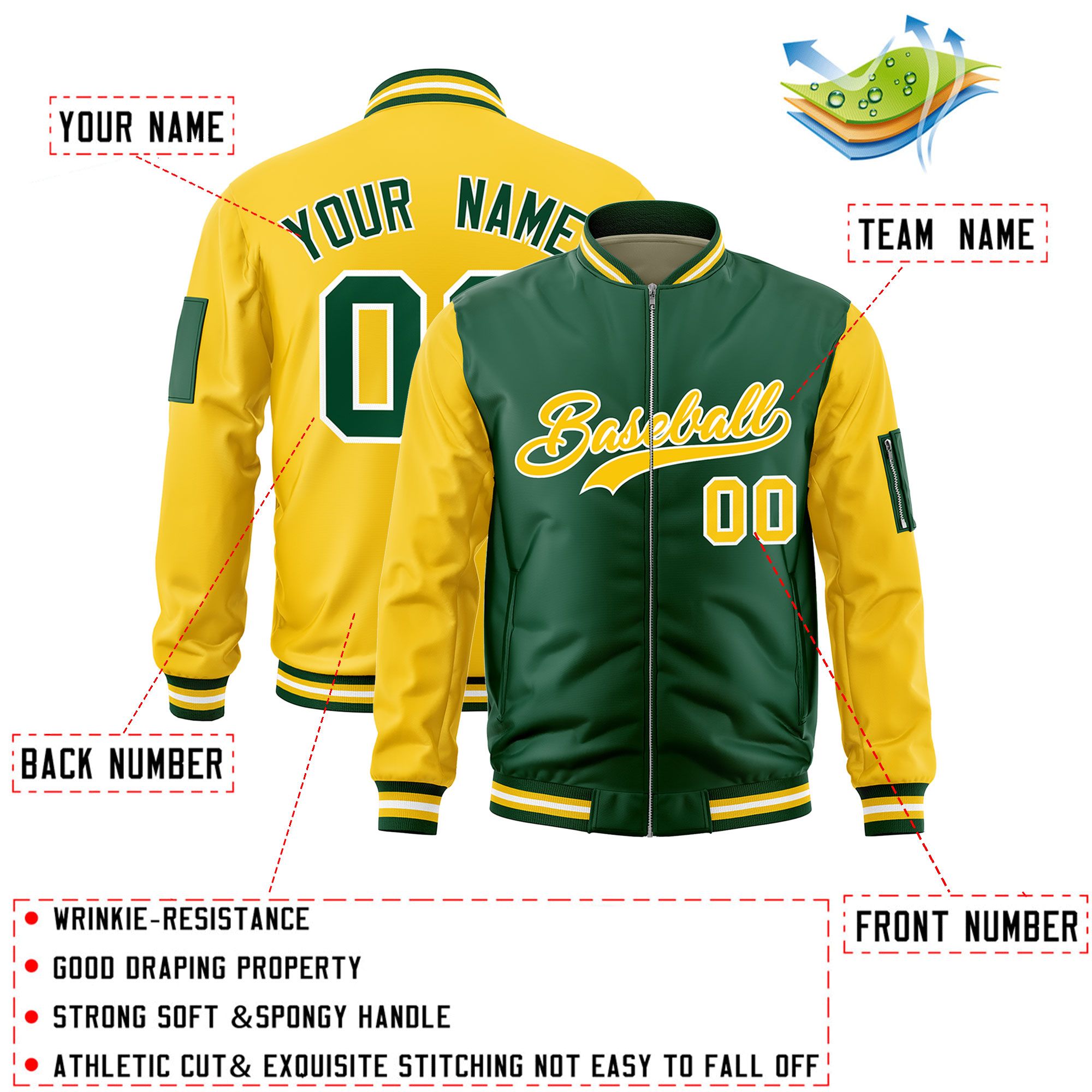 Custom Green Gold Varsity Full-Zip Two-Tone Letterman Bomber Jacket