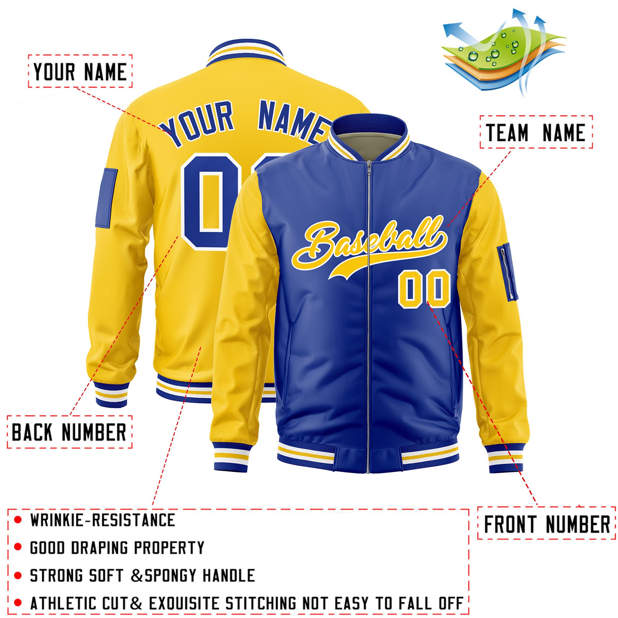 Custom Royal Gold Varsity Full-Zip Two-Tone Letterman Bomber Jacket