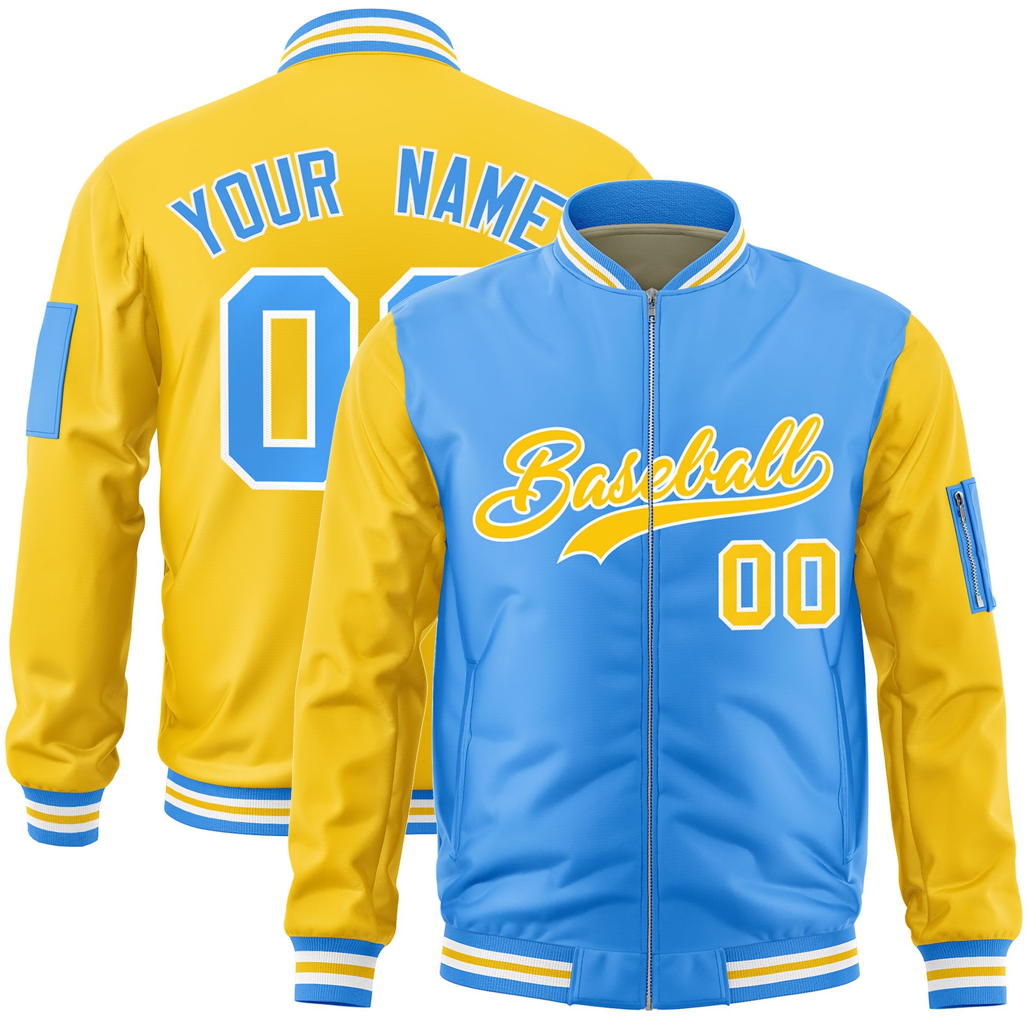 Custom Powder Blue Gold Varsity Full-Zip Two-Tone Letterman Bomber Jacket