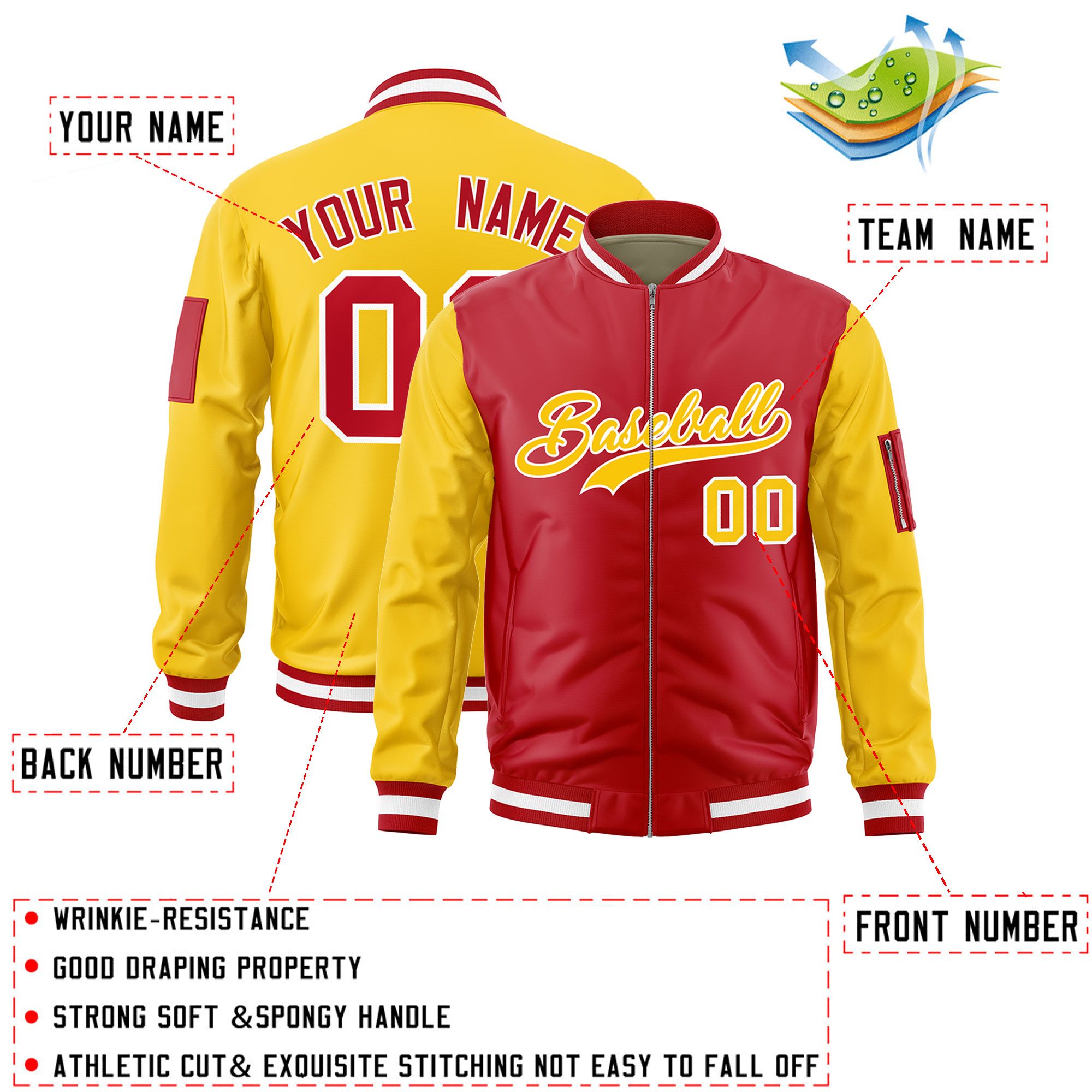 Custom Red Gold Varsity Full-Zip Two-Tone Letterman Bomber Jacket