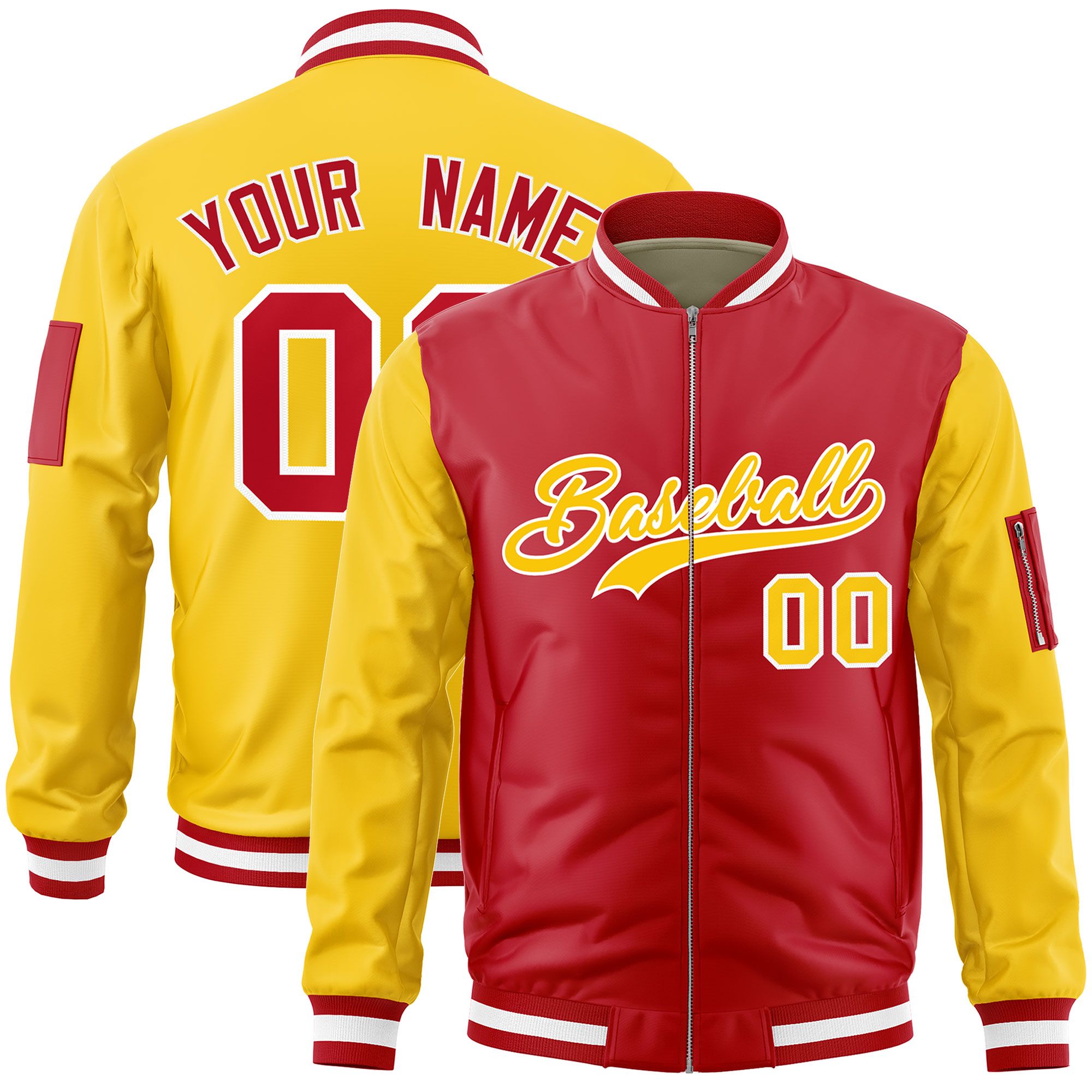 Custom Red Gold Varsity Full-Zip Two-Tone Letterman Bomber Jacket