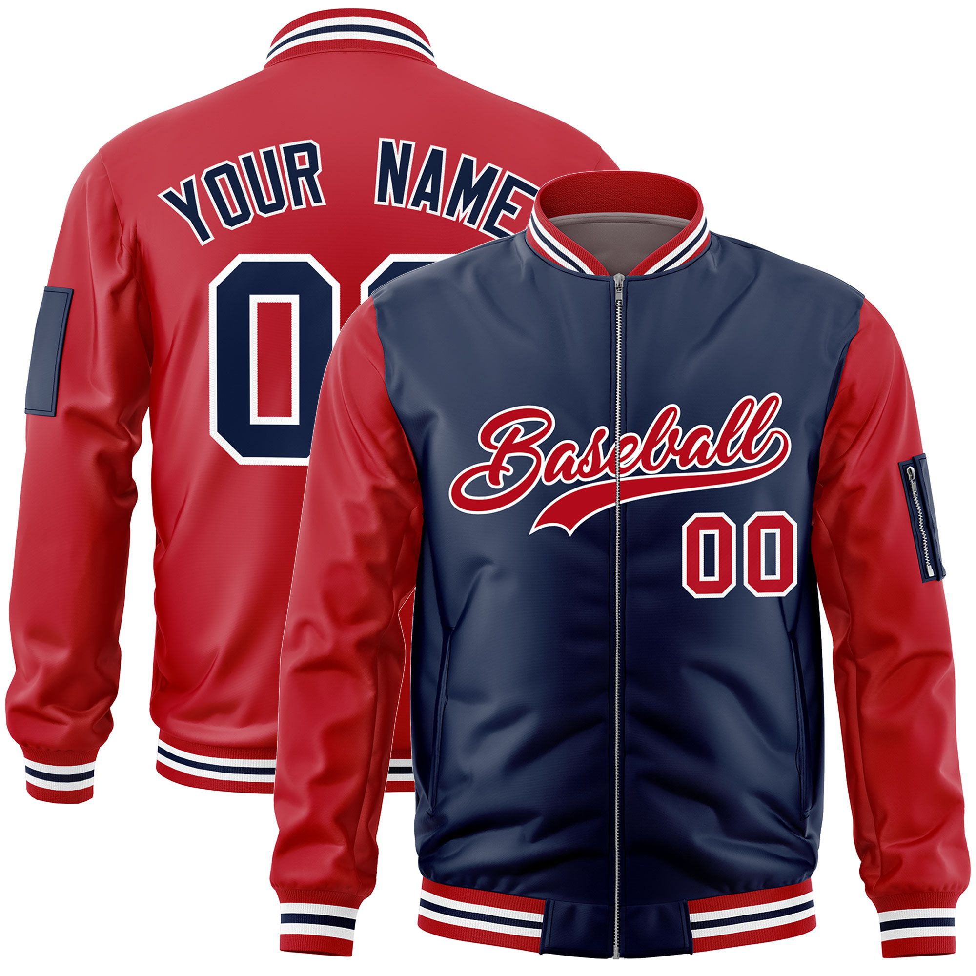 Custom Navy Red Varsity Full-Zip Two-Tone Letterman Bomber Jacket