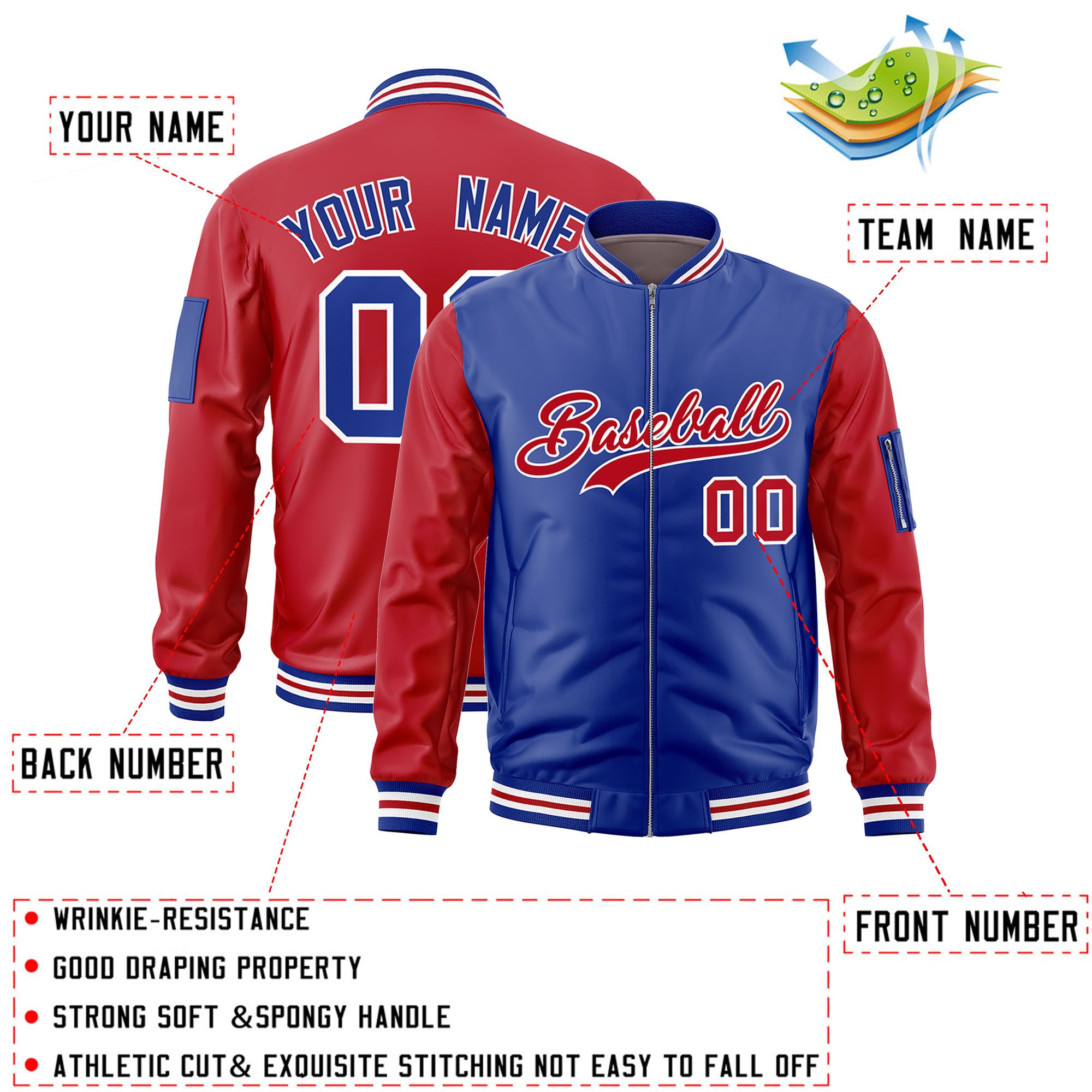 Custom Royal Red Varsity Full-Zip Two-Tone Letterman Bomber Jacket