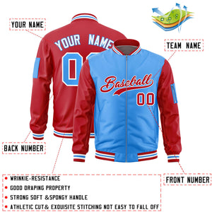 Custom Powder Blue Red Varsity Full-Zip Two-Tone Letterman Bomber Jacket