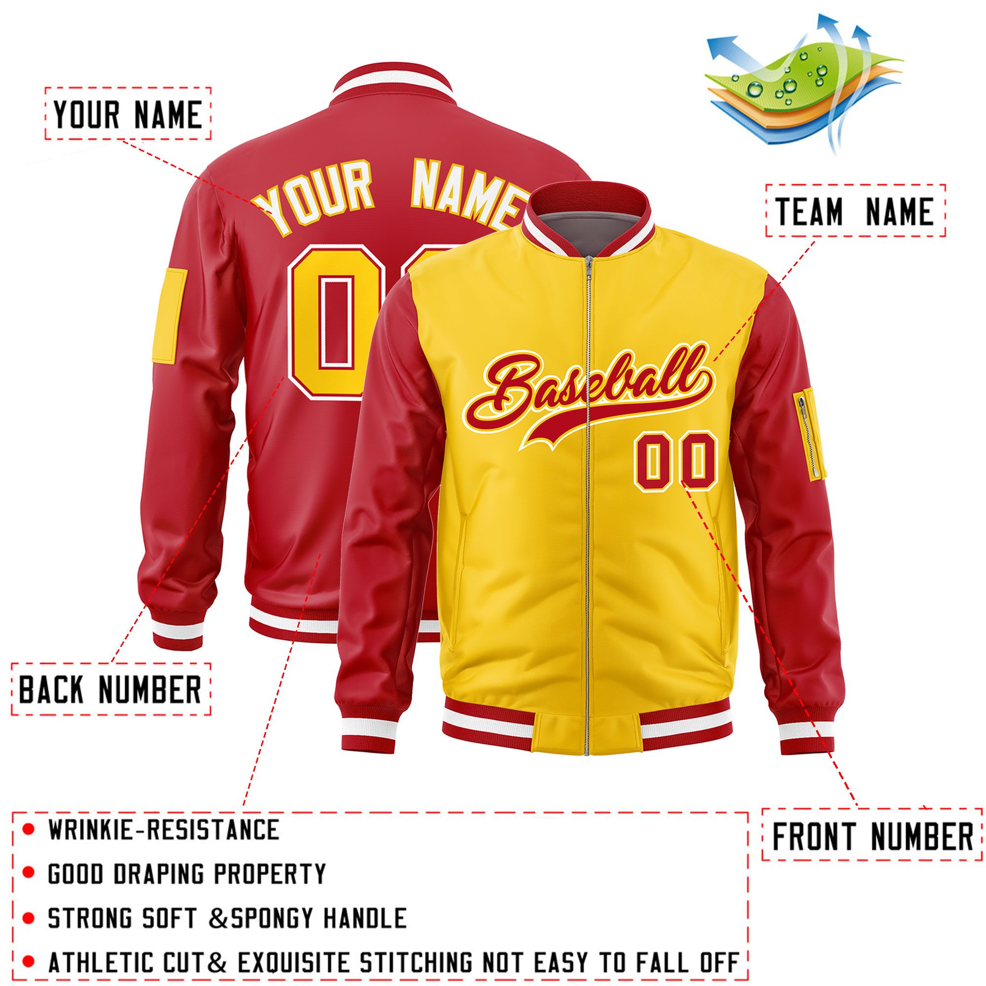 Custom Gold Red Varsity Full-Zip Two-Tone Letterman Bomber Jacket