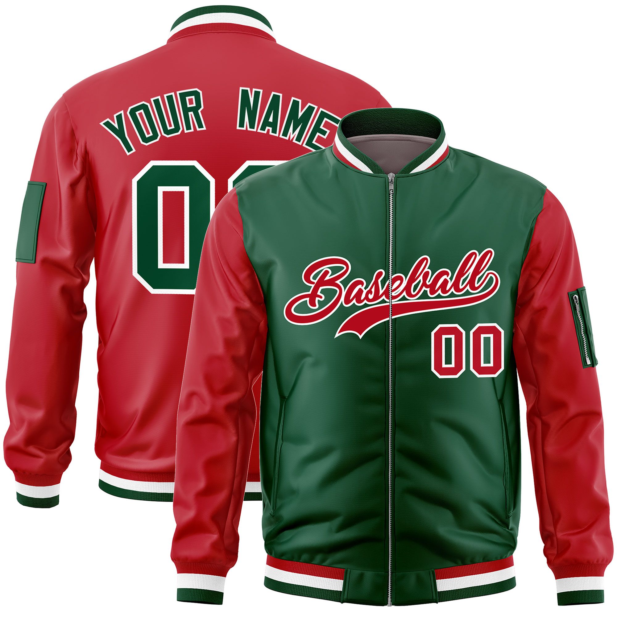 Custom Green Red Varsity Full-Zip Two-Tone Letterman Bomber Jacket