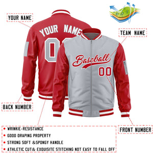 Custom Gray Red Varsity Full-Zip Two-Tone Letterman Bomber Jacket