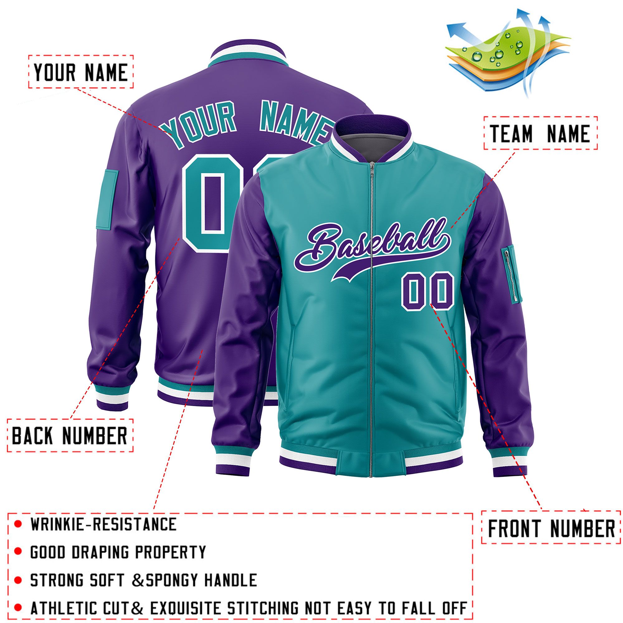 Custom Aqua Purple Varsity Full-Zip Two-Tone Letterman Bomber Jacket