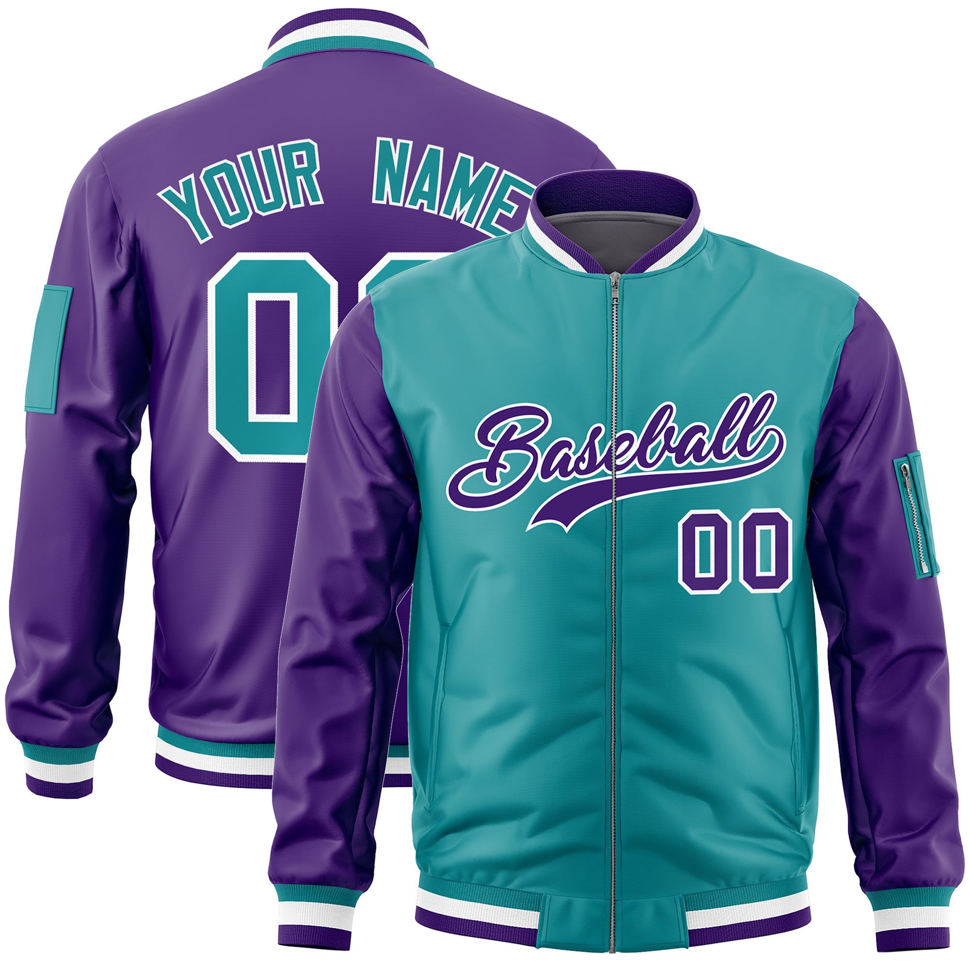 Custom Aqua Purple Varsity Full-Zip Two-Tone Letterman Bomber Jacket