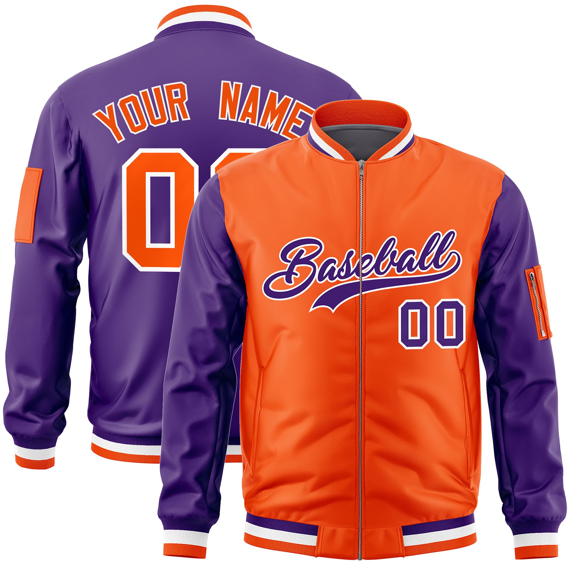 Custom Orange Purple Varsity Full-Zip Two-Tone Letterman Bomber Jacket