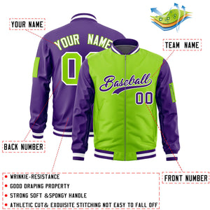 Custom Neon Green Purple Varsity Full-Zip Two-Tone Letterman Bomber Jacket