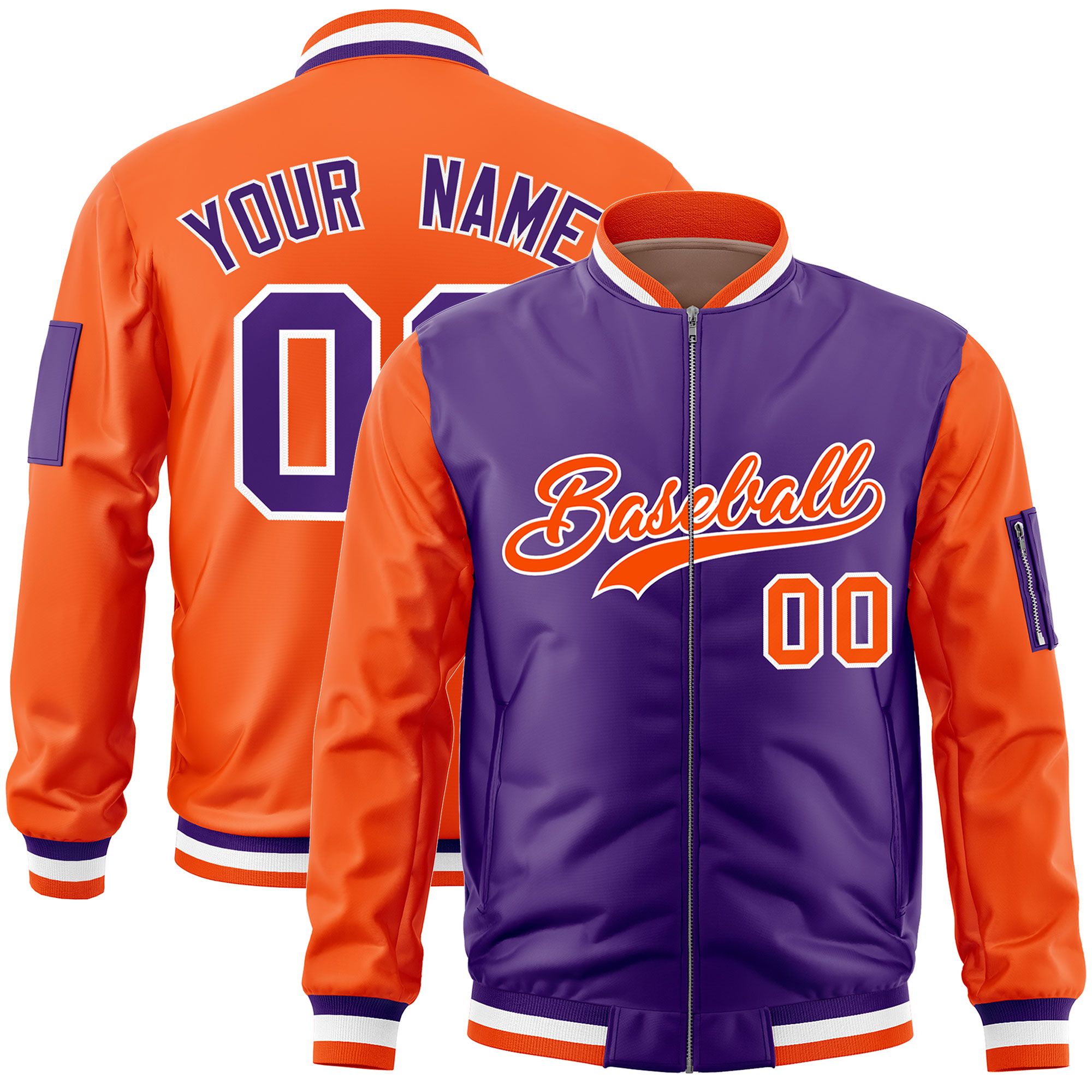 Custom Purple Orange Varsity Full-Zip Two-Tone Letterman Bomber Jacket