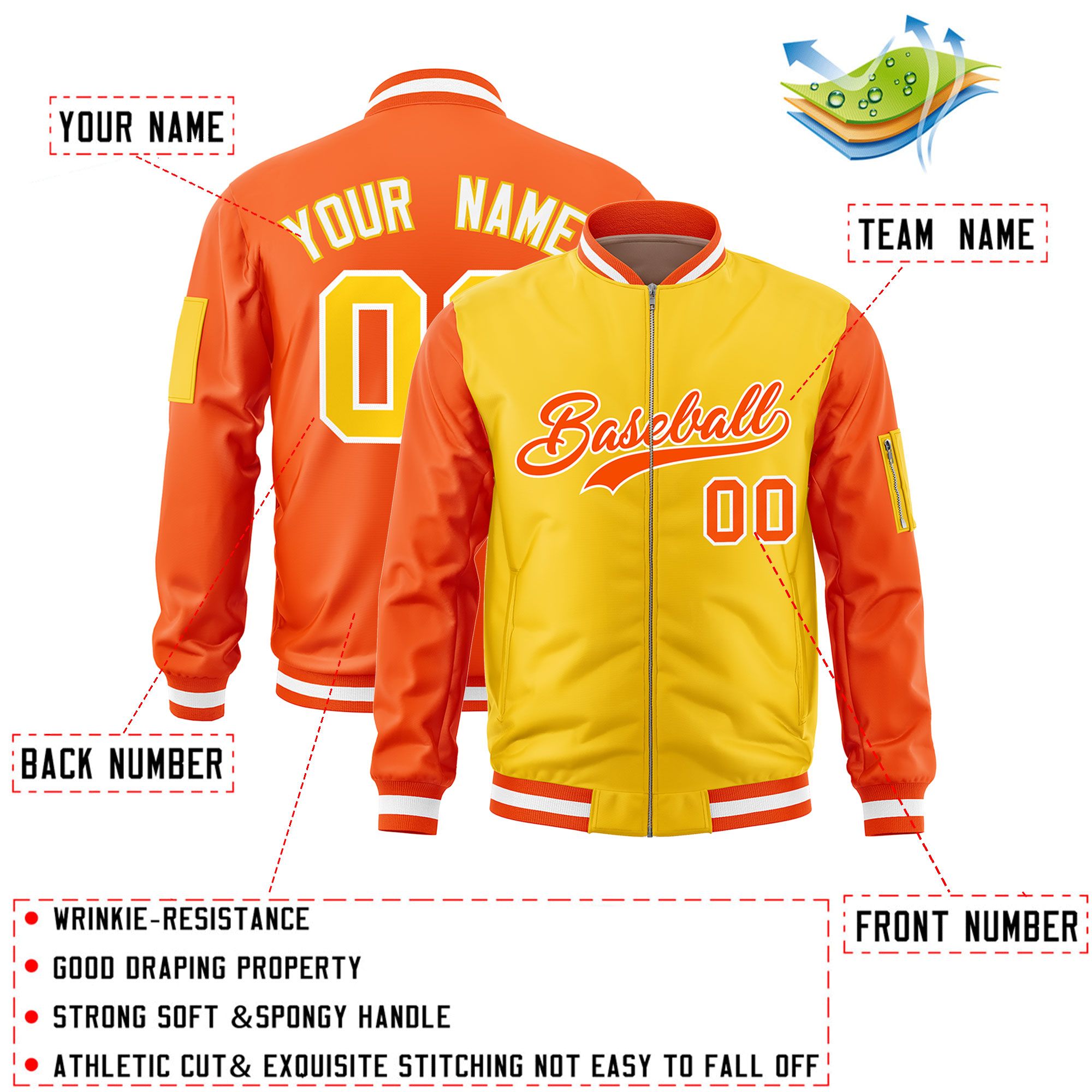 Custom Gold Orange Varsity Full-Zip Two-Tone Letterman Bomber Jacket