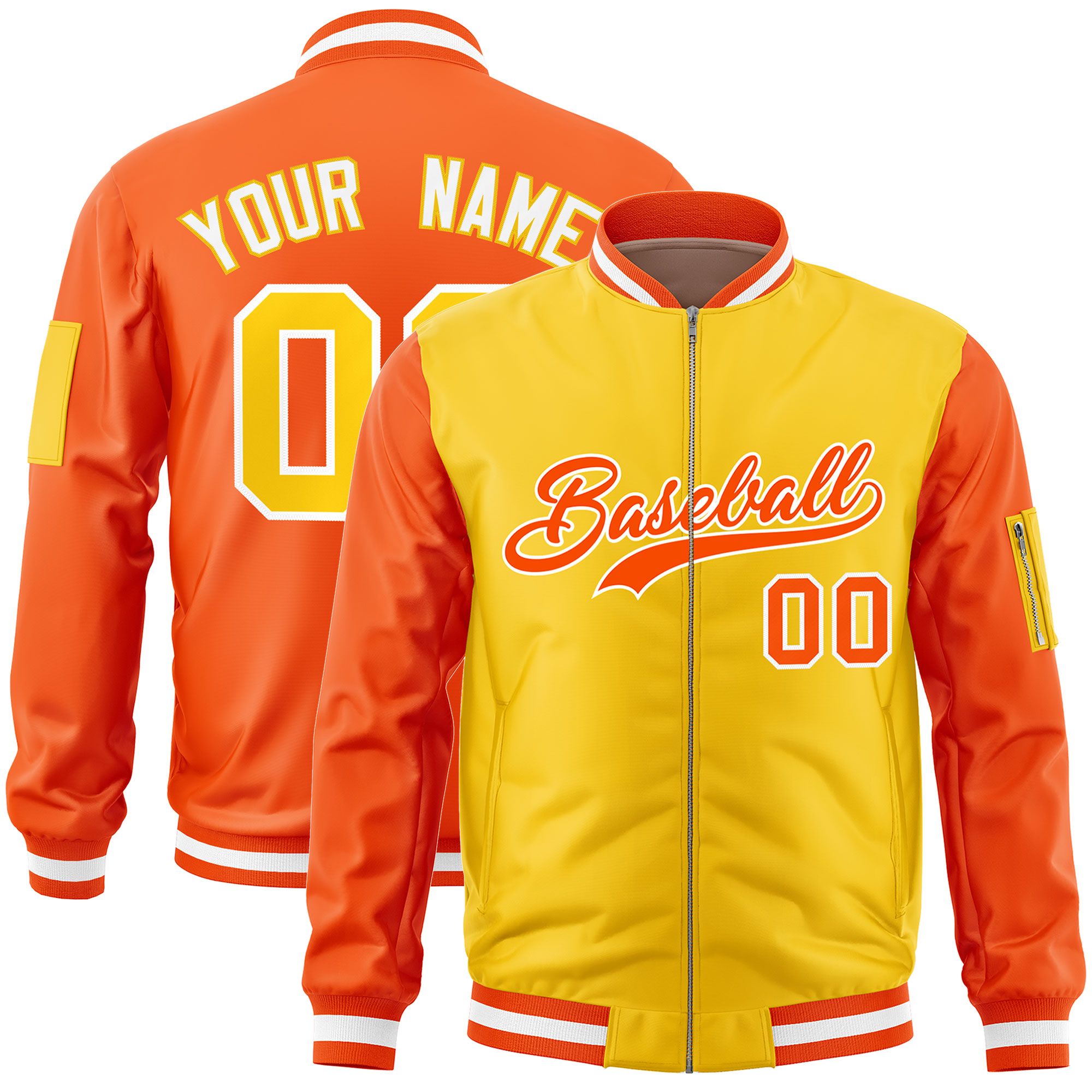 Custom Gold Orange Varsity Full-Zip Two-Tone Letterman Bomber Jacket