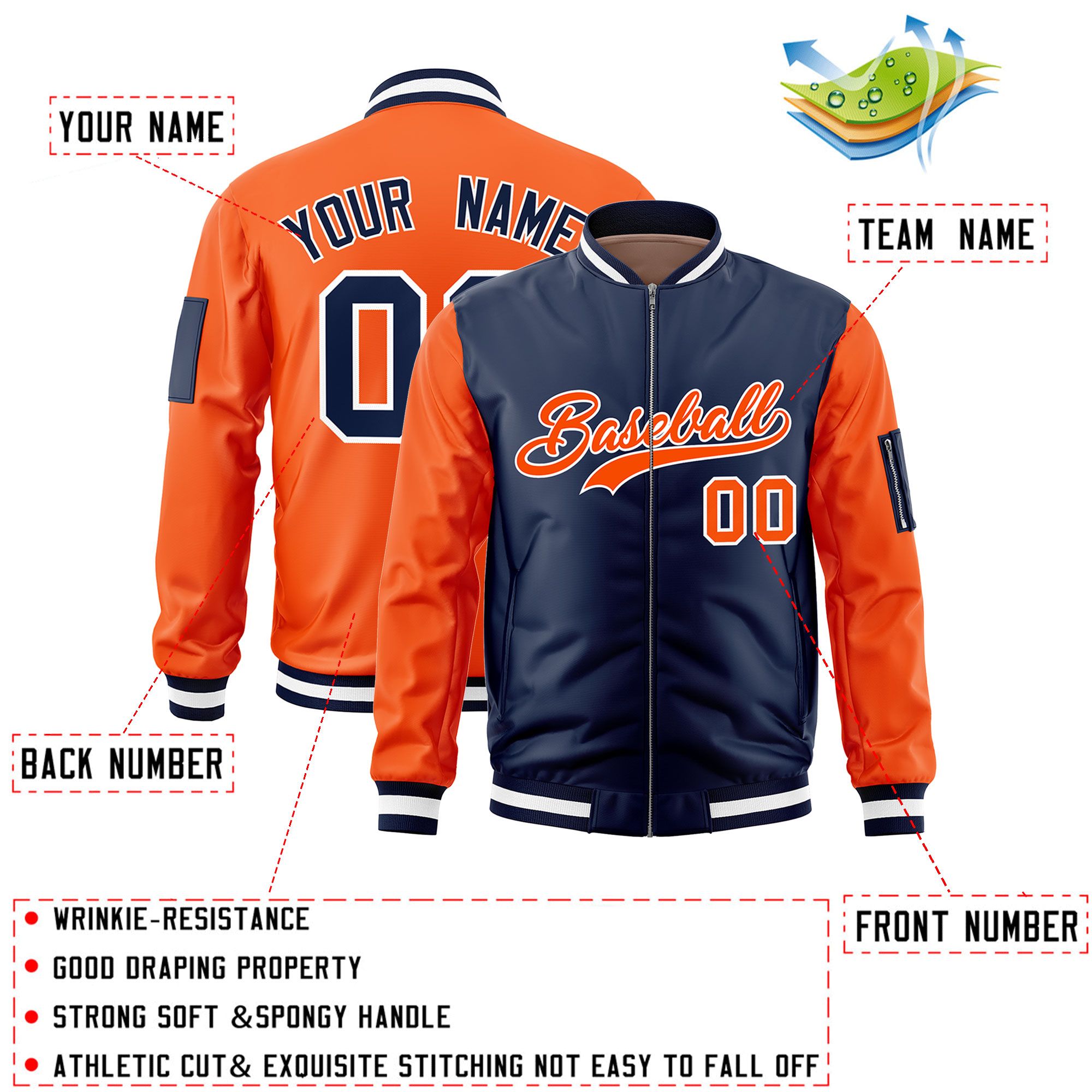 Custom Navy Orange Varsity Full-Zip Two-Tone Letterman Bomber Jacket