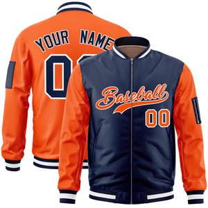 Custom Navy Orange Varsity Full-Zip Two-Tone Letterman Bomber Jacket