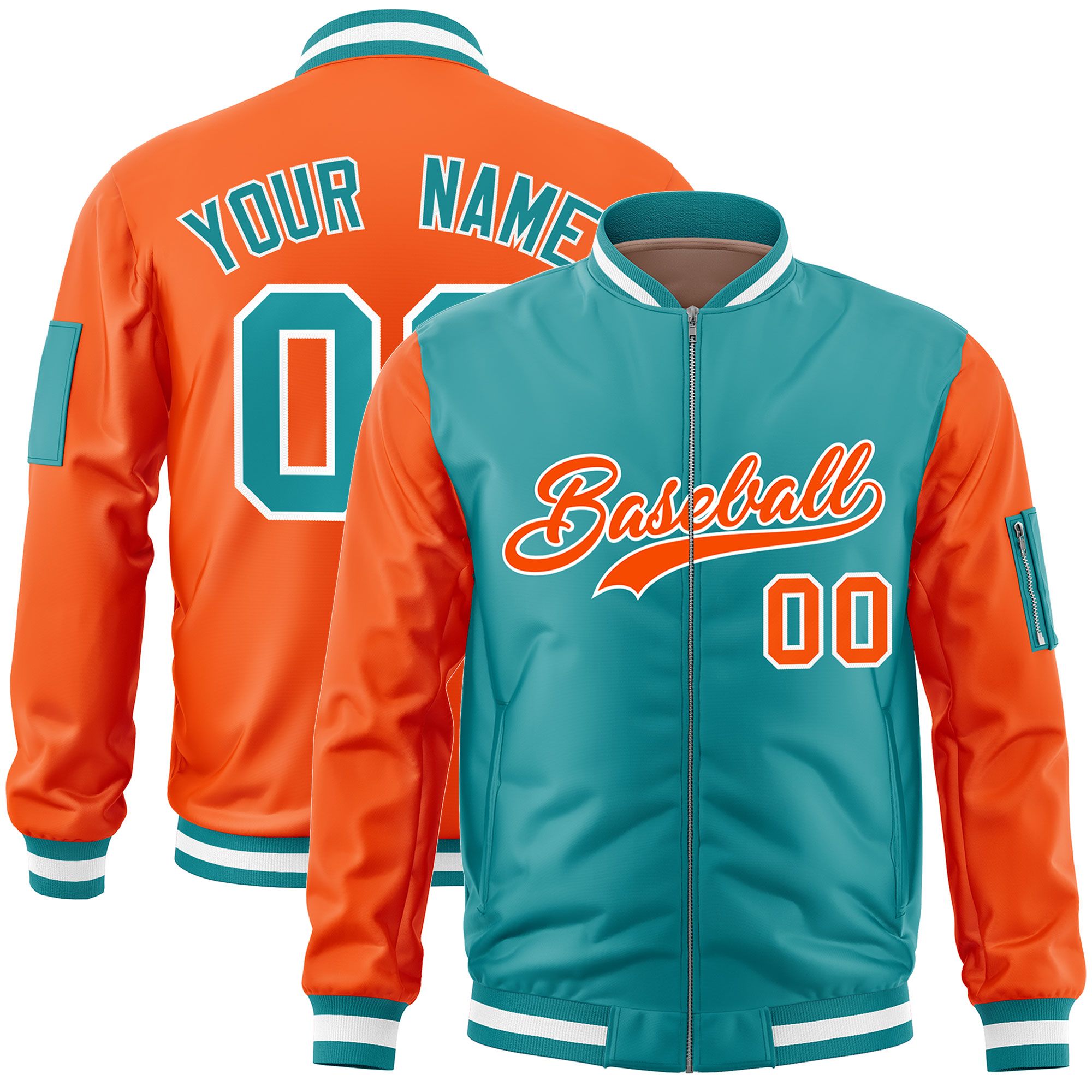 Custom Aqua Orange Varsity Full-Zip Two-Tone Letterman Bomber Jacket