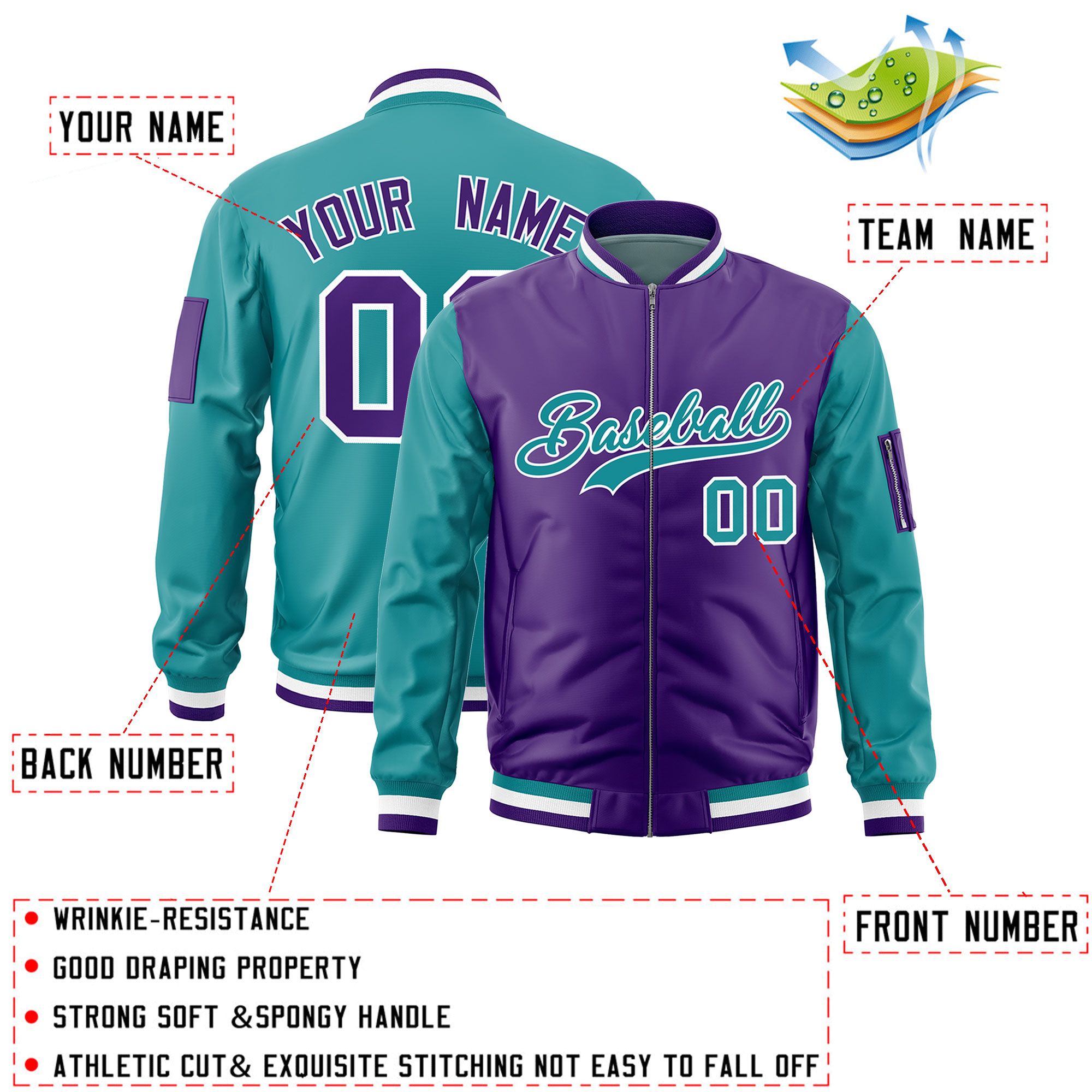 Custom Purple Aqua Varsity Full-Zip Two-Tone Letterman Bomber Jacket