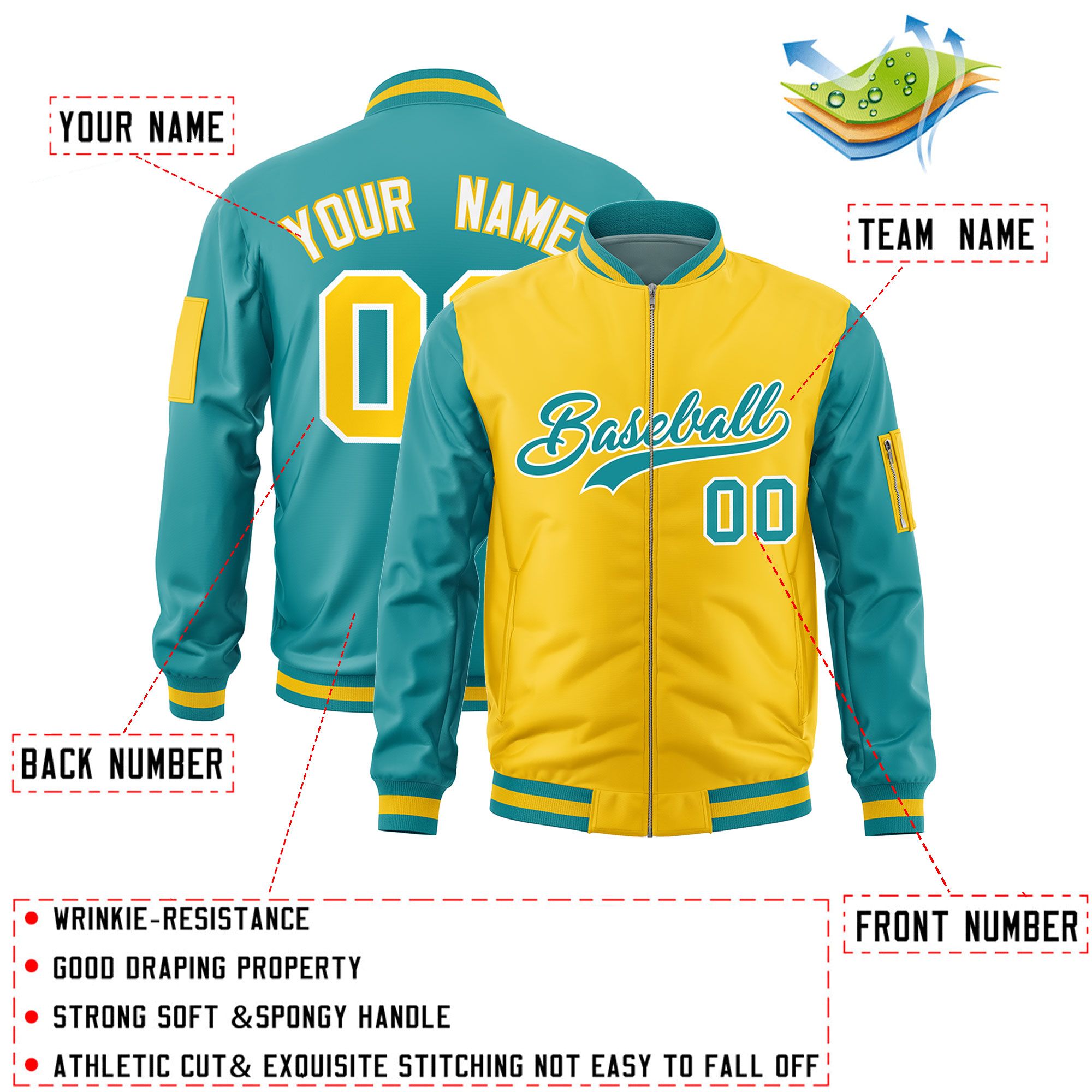 Custom Gold Aqua Varsity Full-Zip Two-Tone Letterman Bomber Jacket