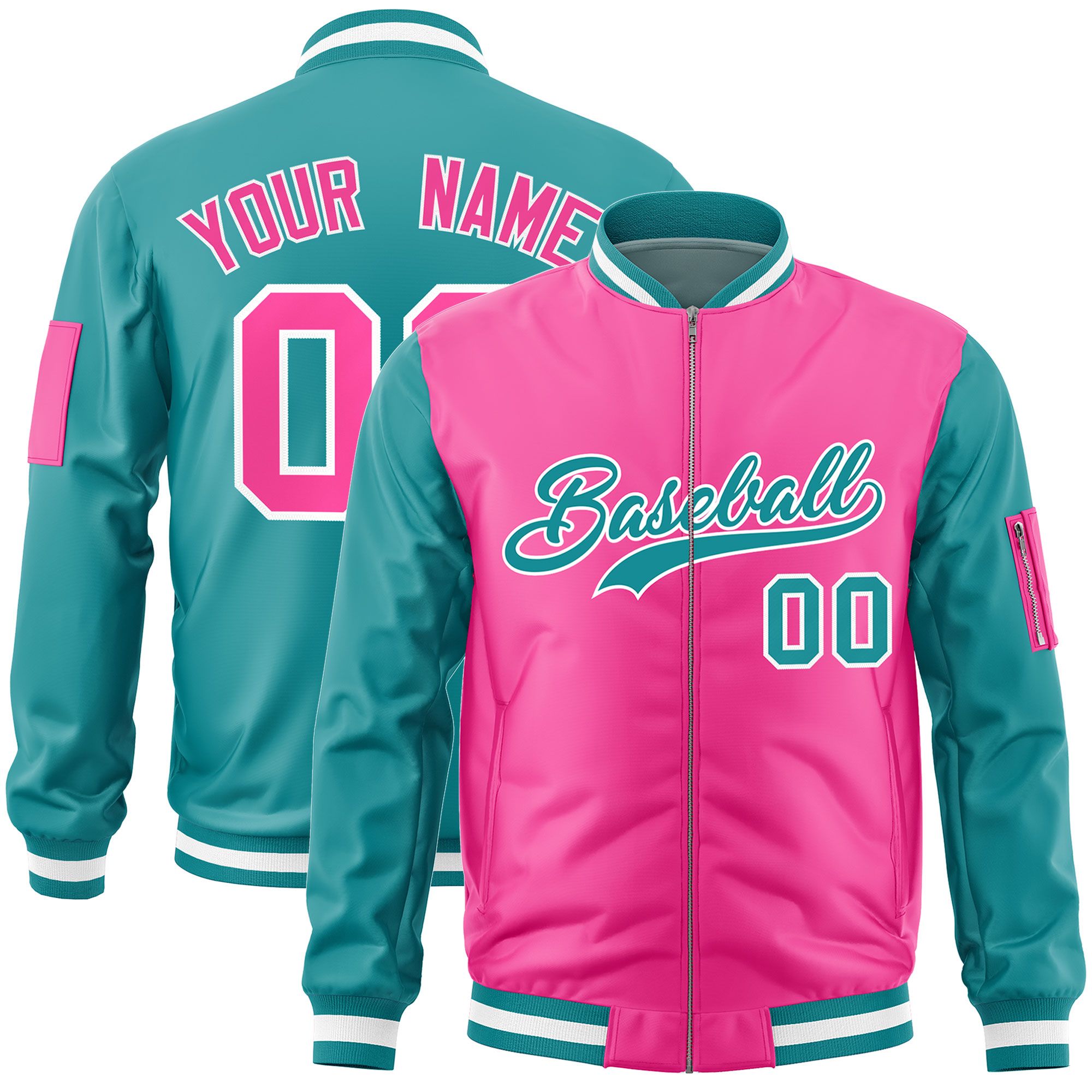 Custom Pink Aqua Varsity Full-Zip Two-Tone Letterman Bomber Jacket