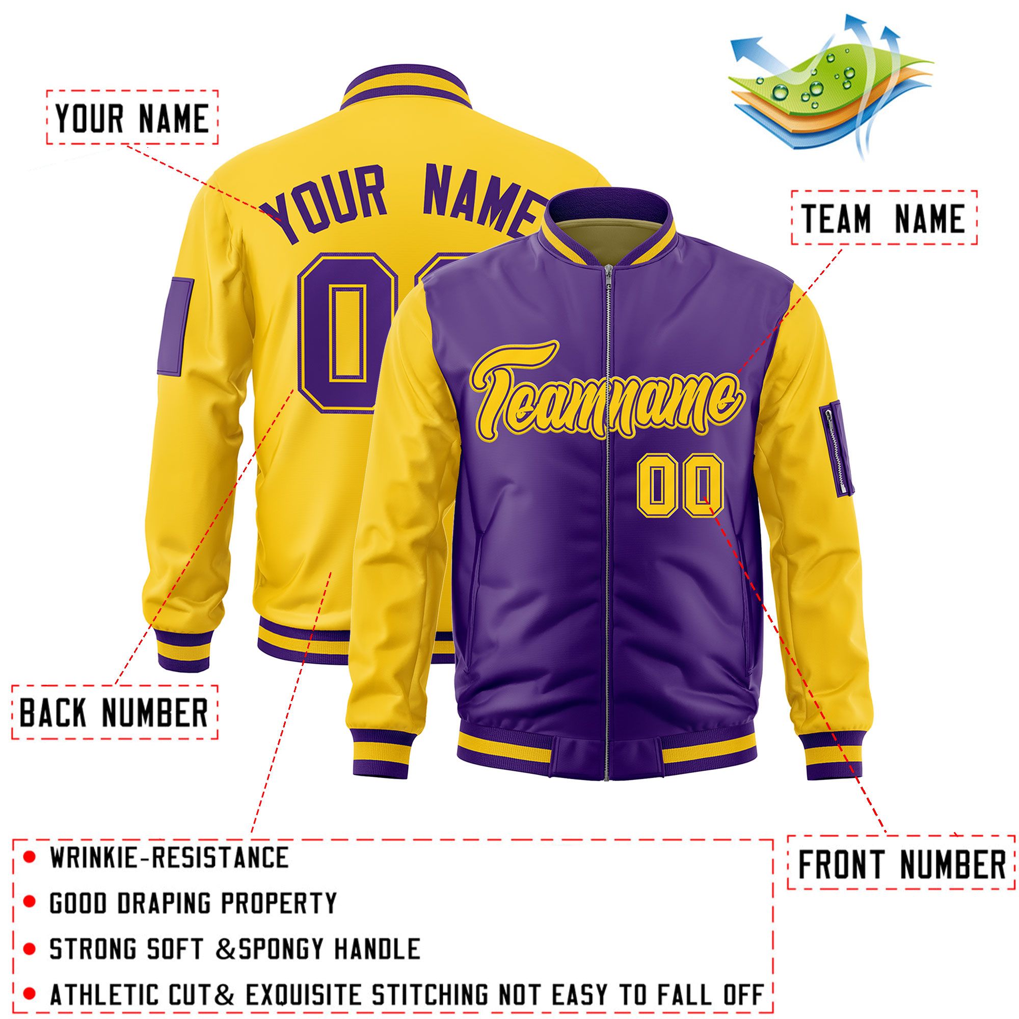 Custom Purple Gold Varsity Full-Zip Two-Tone Letterman Bomber Jacket