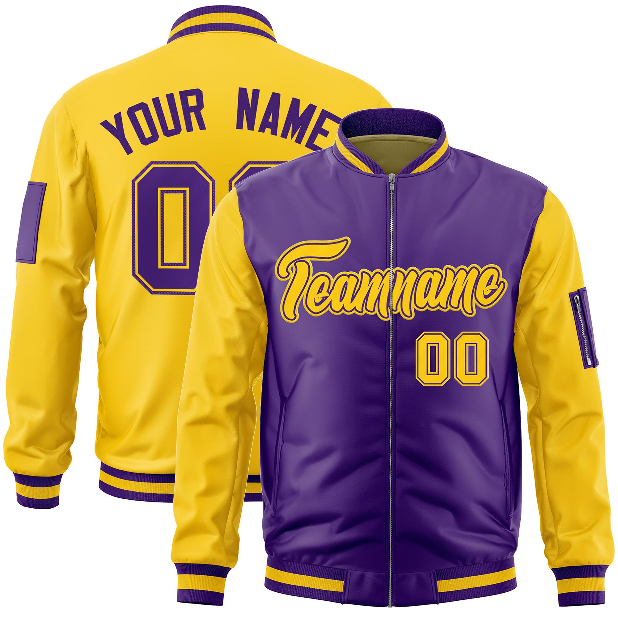 Custom Purple Gold Varsity Full-Zip Two-Tone Letterman Bomber Jacket