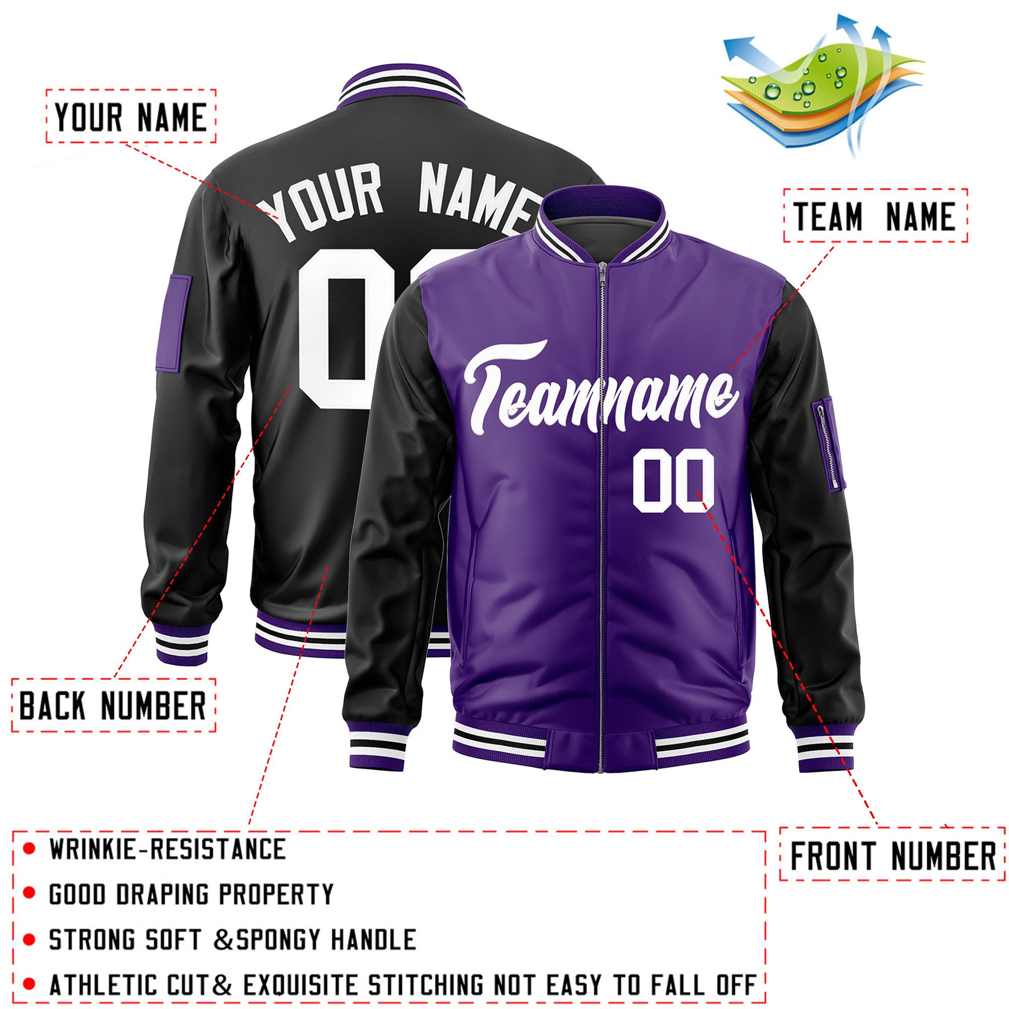 Custom Purple Black Varsity Full-Zip Two-Tone Letterman Bomber Jacket