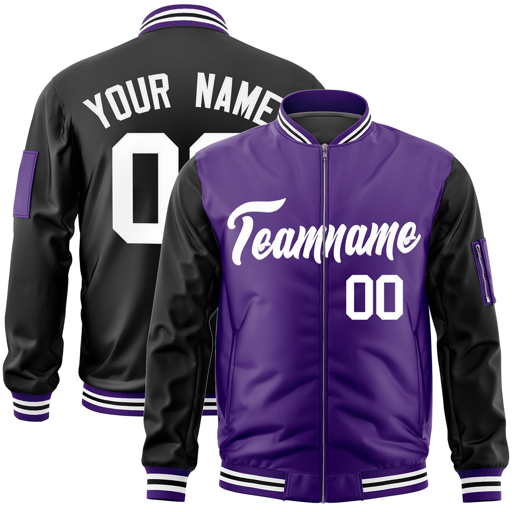 Custom Purple Black Varsity Full-Zip Two-Tone Letterman Bomber Jacket