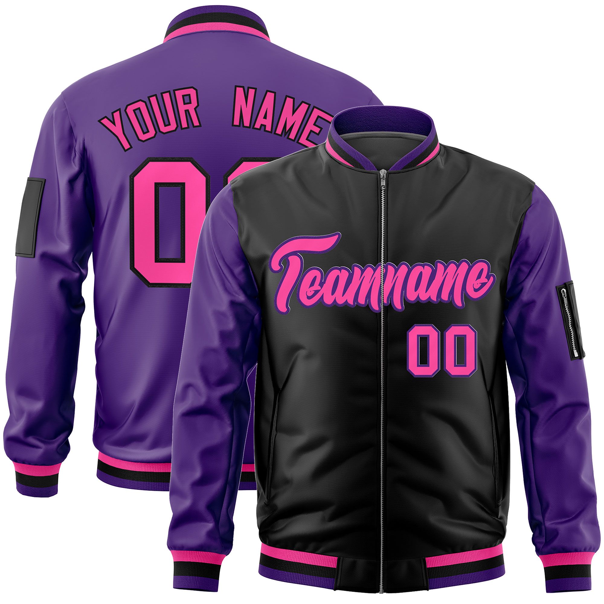 Custom Black Purple Varsity Full-Zip Two-Tone Letterman Bomber Jacket