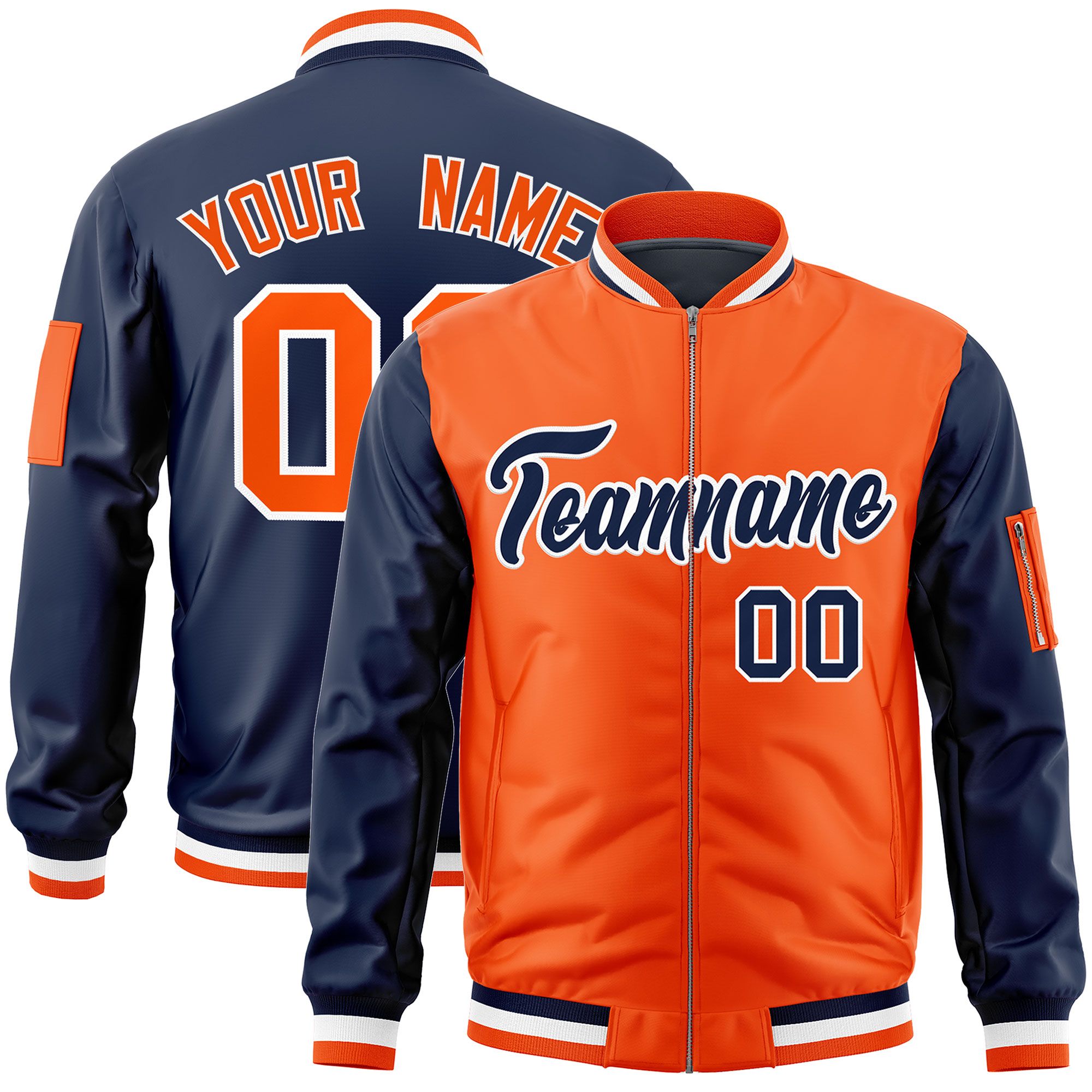 Custom Orange Navy Varsity Full-Zip Two-Tone Letterman Bomber Jacket