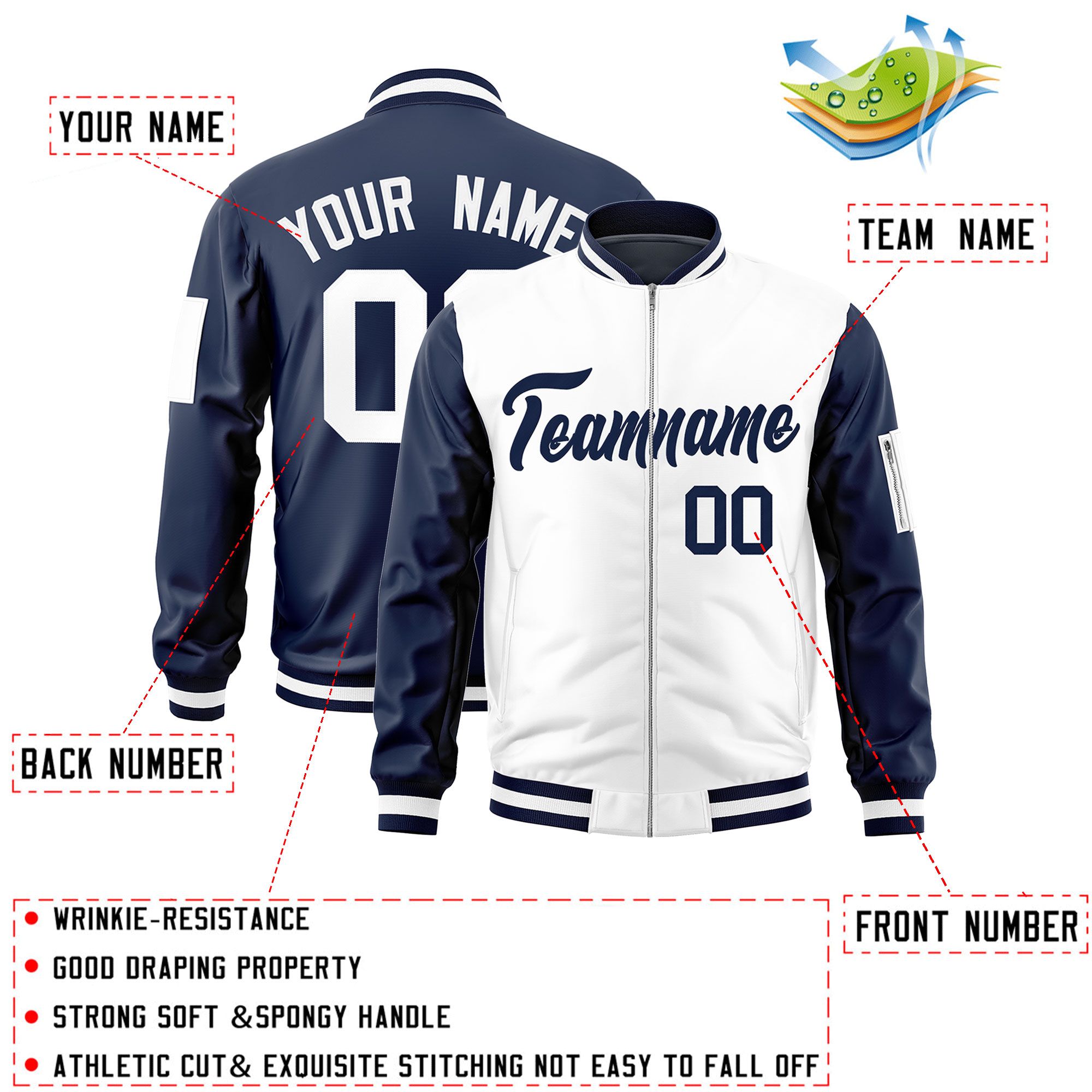 Custom White Navy Varsity Full-Zip Two-Tone Letterman Bomber Jacket