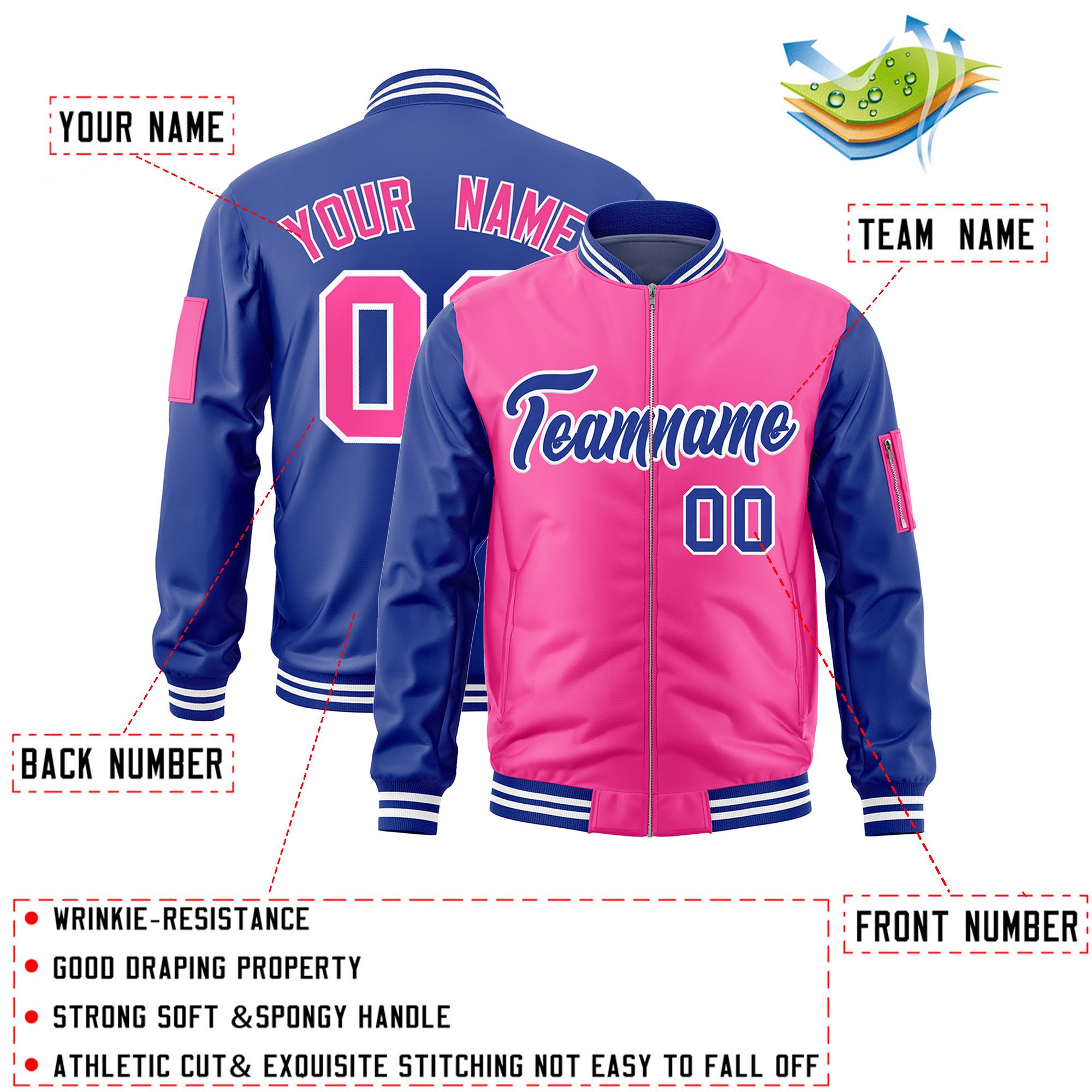 Custom Pink Royal Varsity Full-Zip Two-Tone Letterman Bomber Jacket