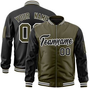 Custom Olive Black Varsity Full-Zip Two-Tone Letterman Bomber Jacket