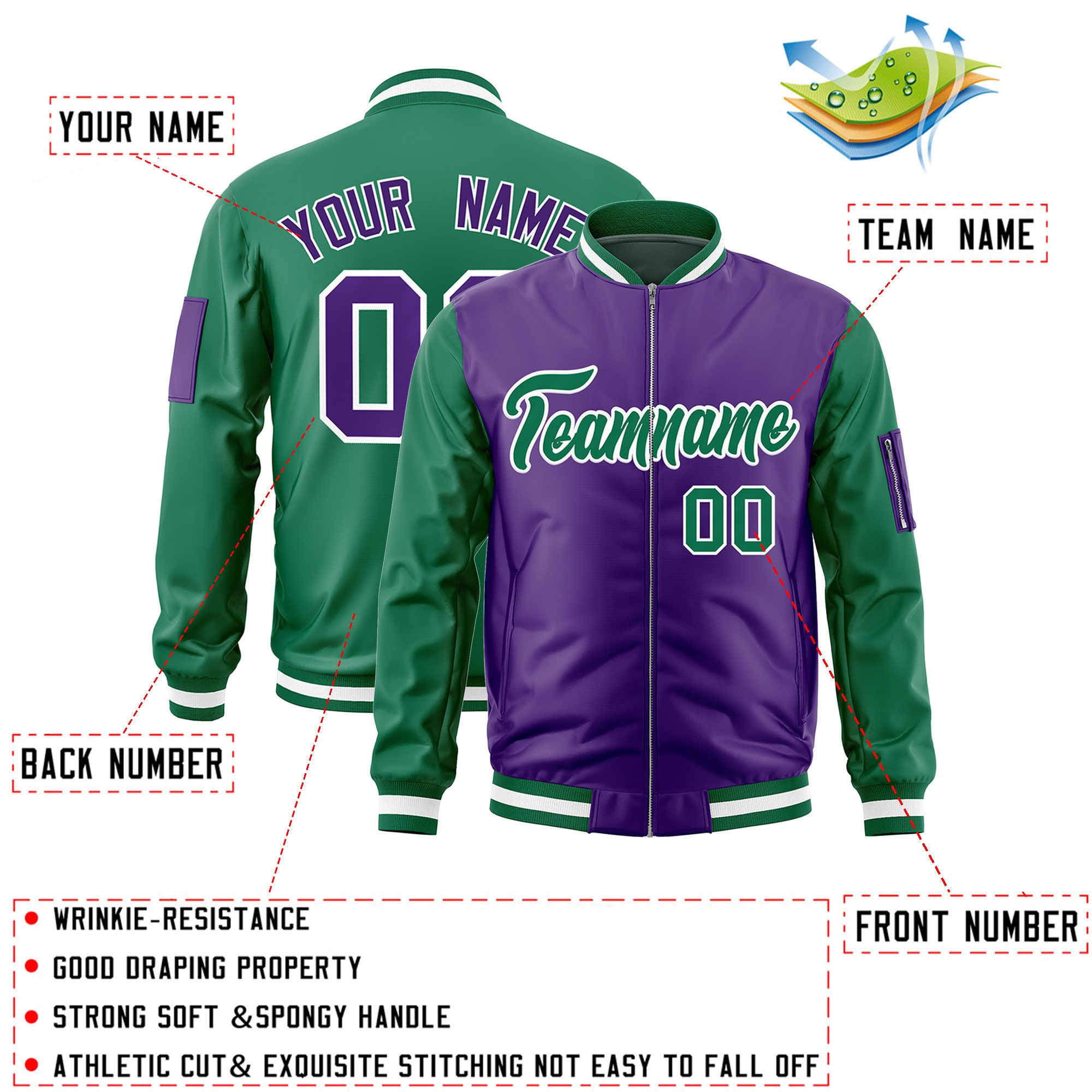 Custom Purple Kelly Green Varsity Full-Zip Two-Tone Letterman Bomber Jacket