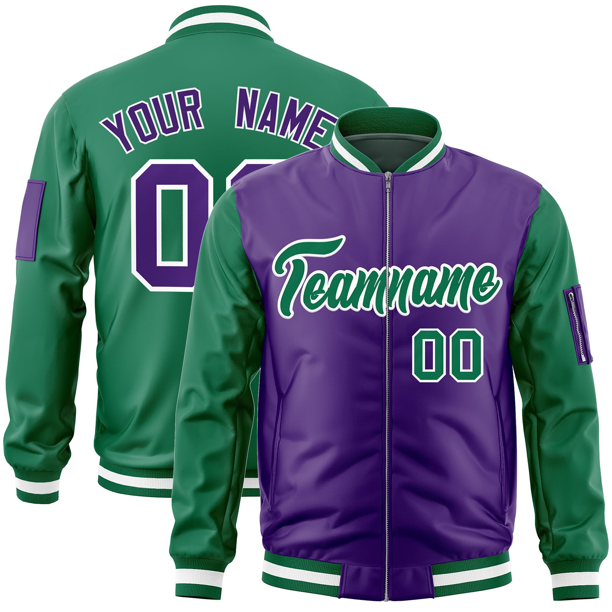 Custom Purple Kelly Green Varsity Full-Zip Two-Tone Letterman Bomber Jacket