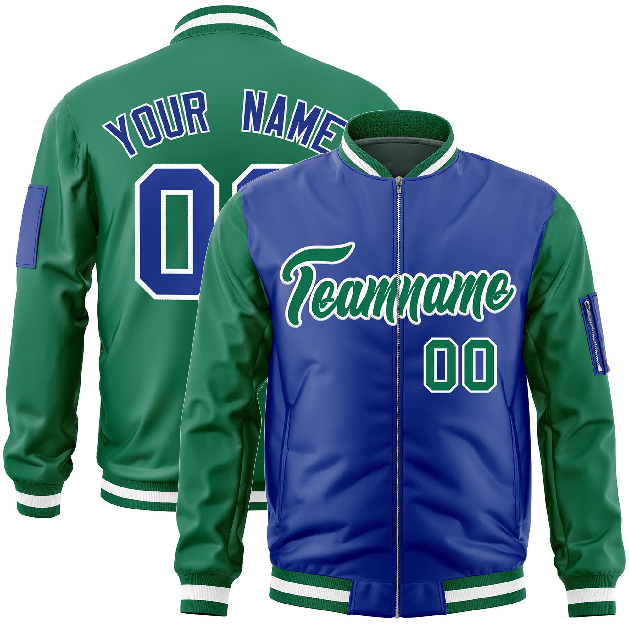 Custom Royal Kelly Green Varsity Full-Zip Two-Tone Letterman Bomber Jacket