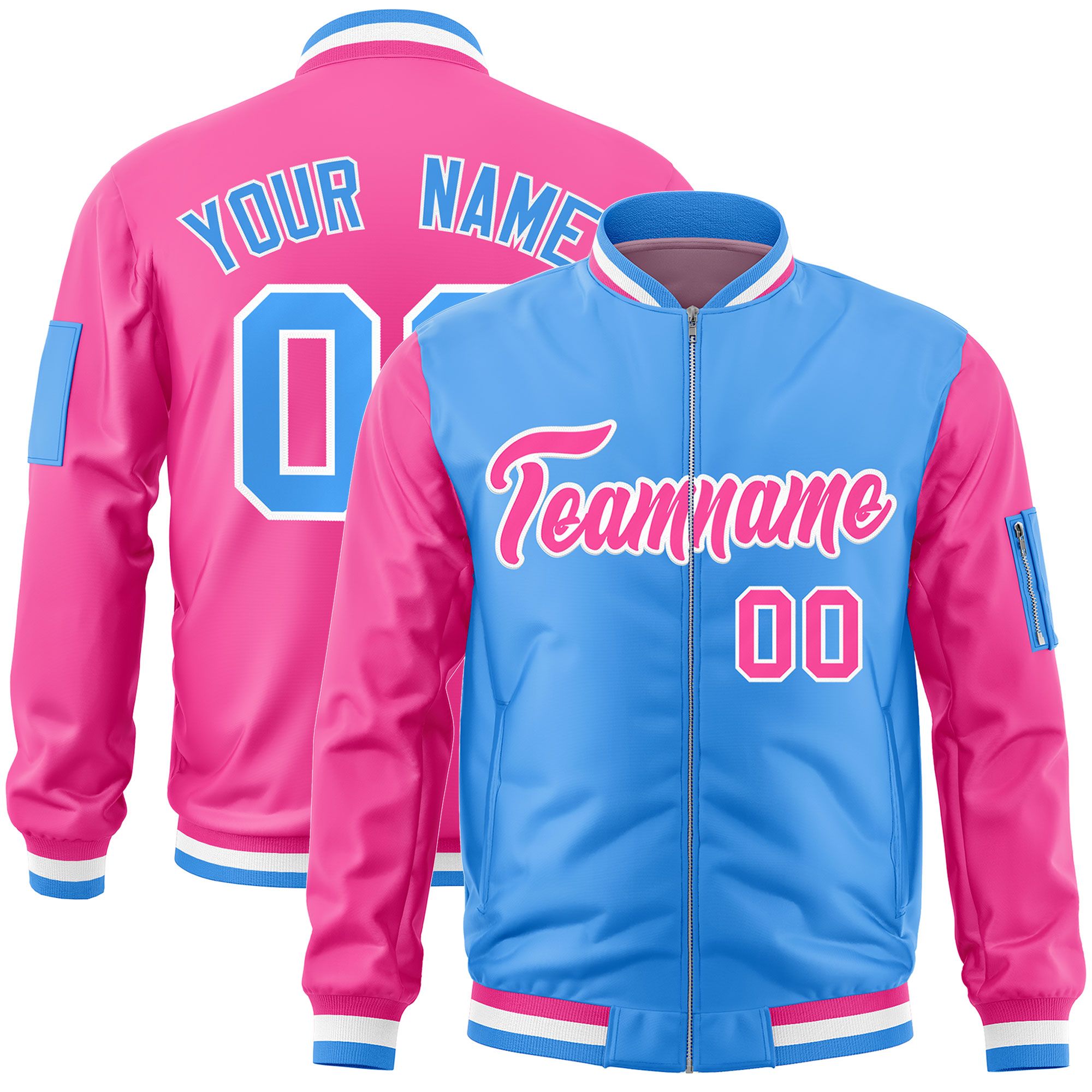 Custom Powder Blue Pink Varsity Full-Zip Two-Tone Letterman Bomber Jacket