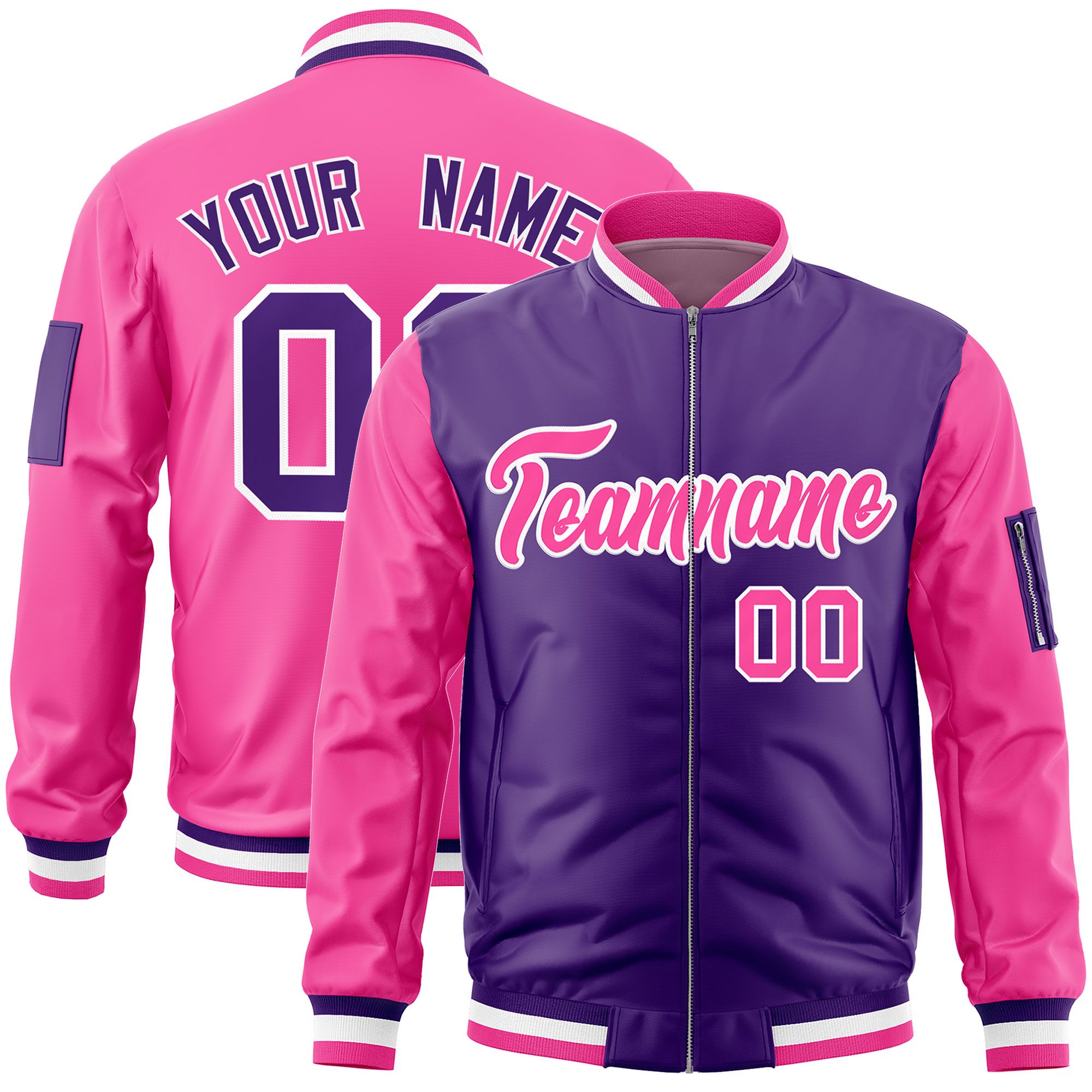 Custom Purple Pink Varsity Full-Zip Two-Tone Letterman Bomber Jacket